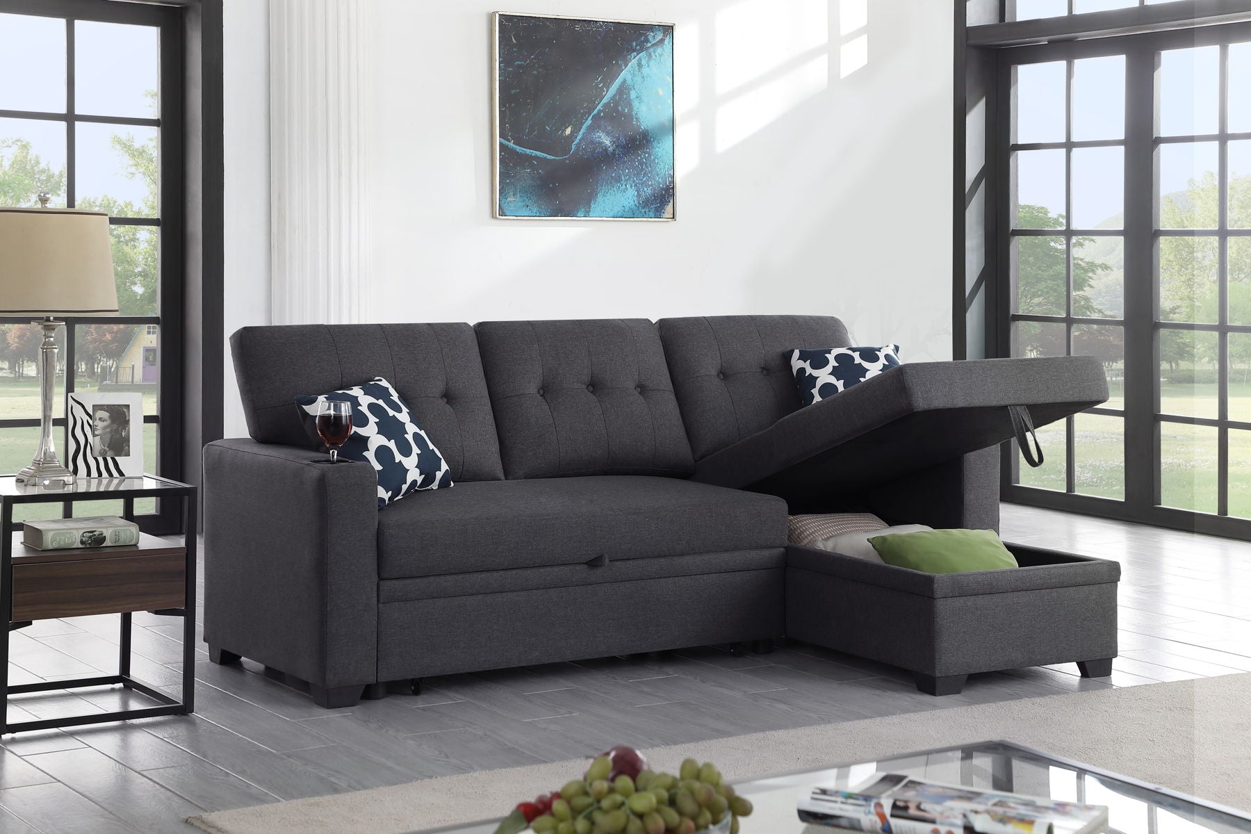 82" Width Sectional With Storage Chaise And Cupholder Armrest