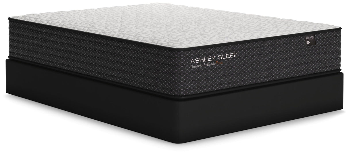 Ashley Sleep Limited Edition Firm innerspring mattress on black box spring, side view - Bel Furniture