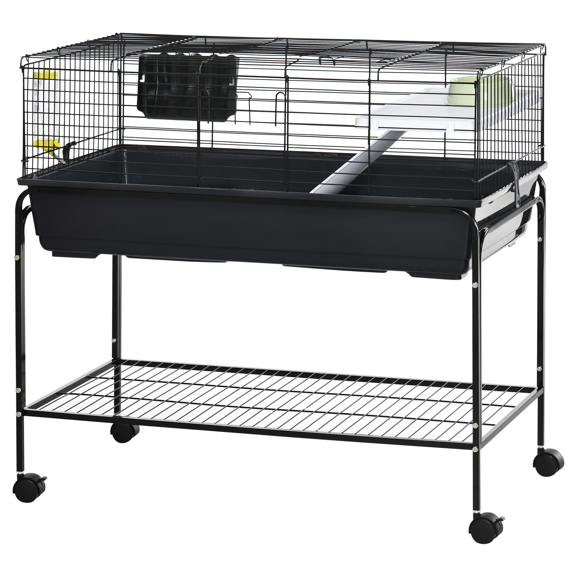 Pawhut - Two-Story Small Animal Cage Removable From Stand, Guinea Pig Cage, Hedgehog Cage, Chinchilla Cage, Ferret, With Shelf & Wheels, Pet Habitat - Black