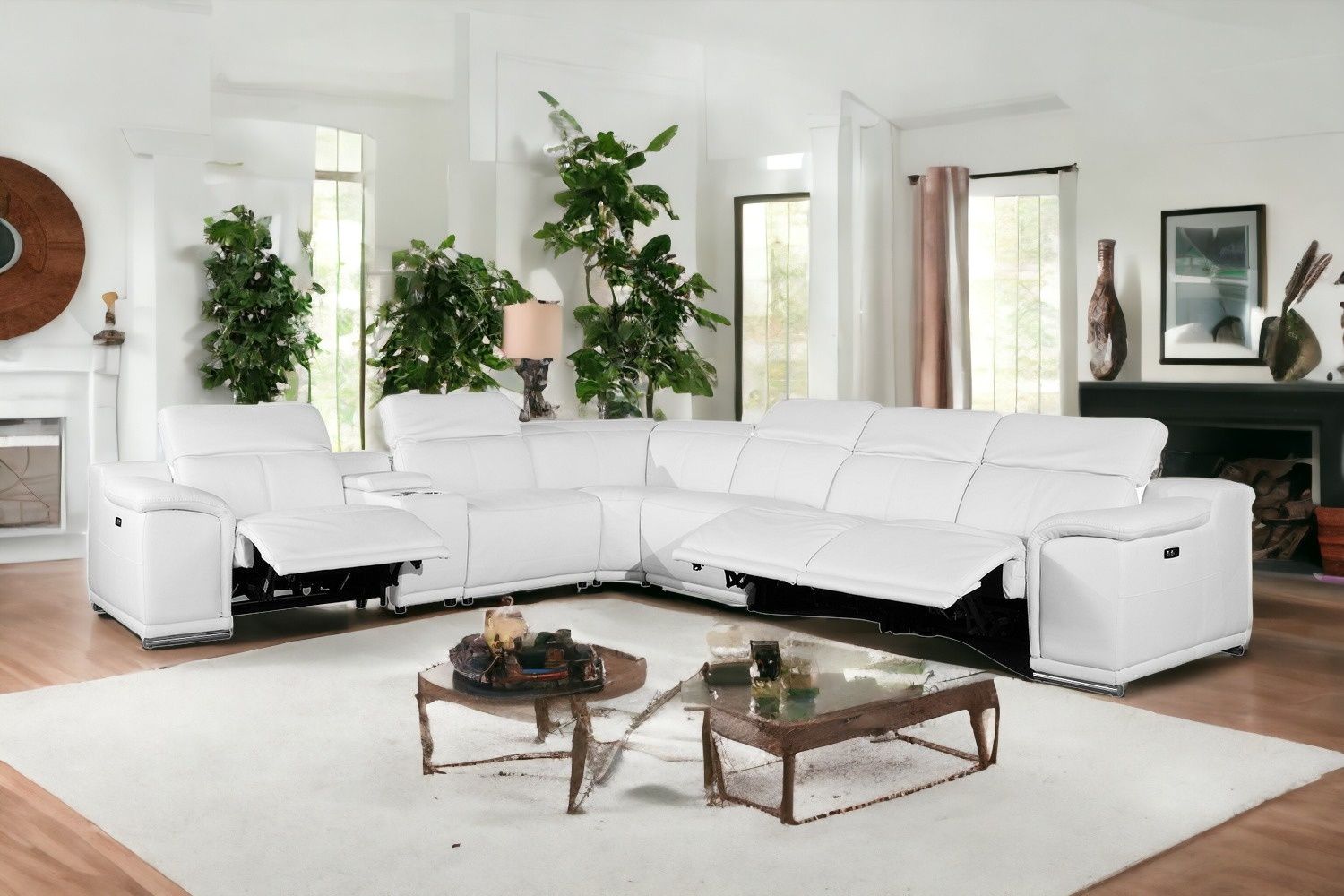 Italian Leather Power Reclining U Shaped Seven Piece Corner Sectional With Console - White