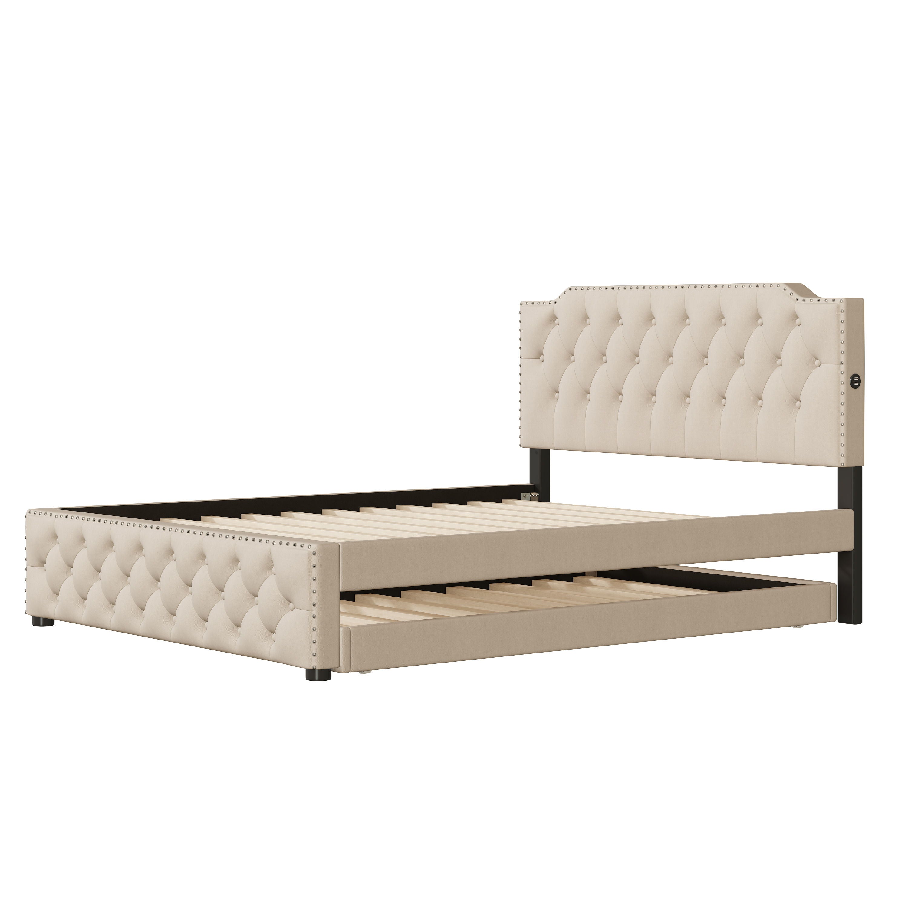 Upholstered Platform Bed With Twin Size Trundle And 2 Sets Of USB Ports On Each Side, Linen Fabric