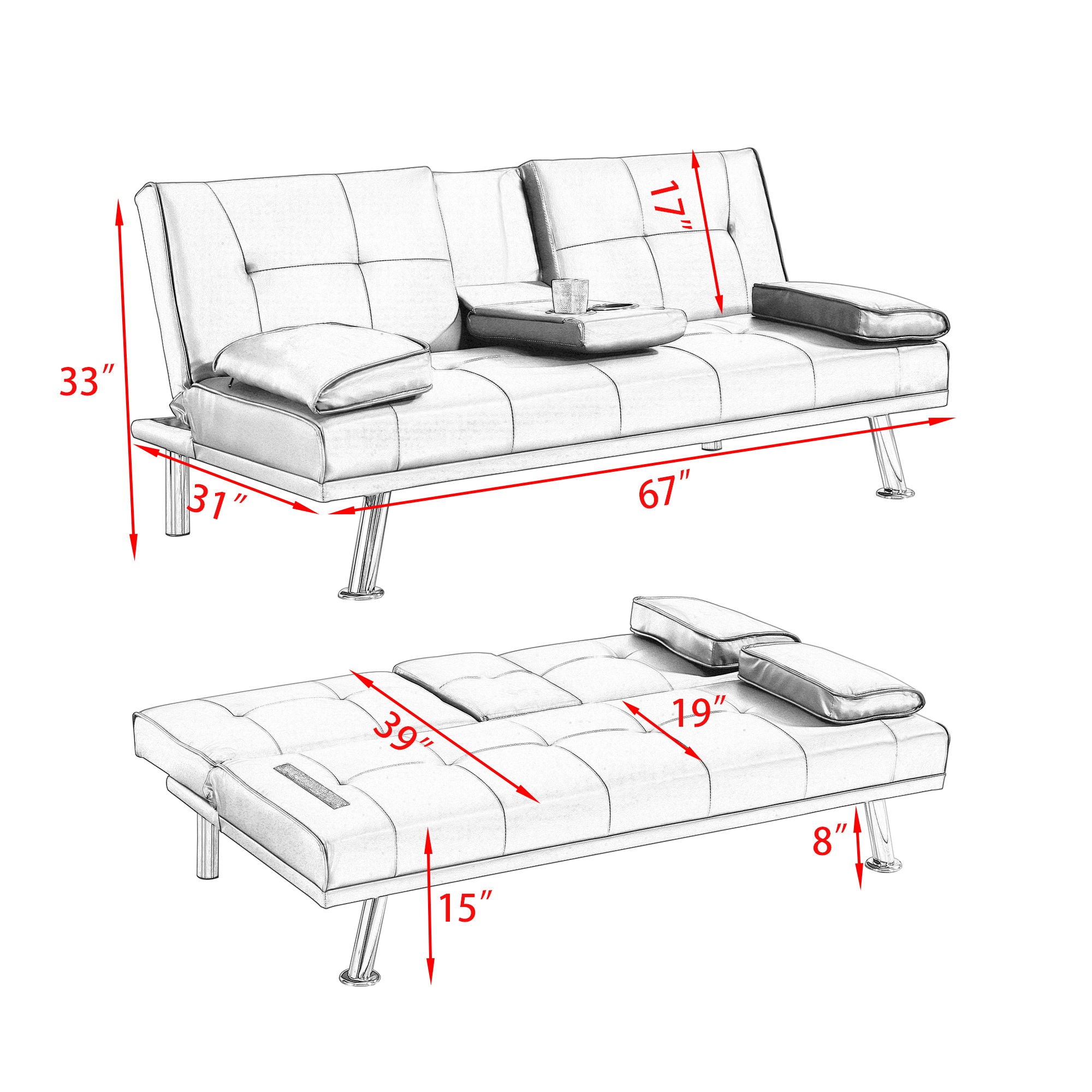 Leather Multifunctional Double Folding Sofa Bed For Office With Coffee Table