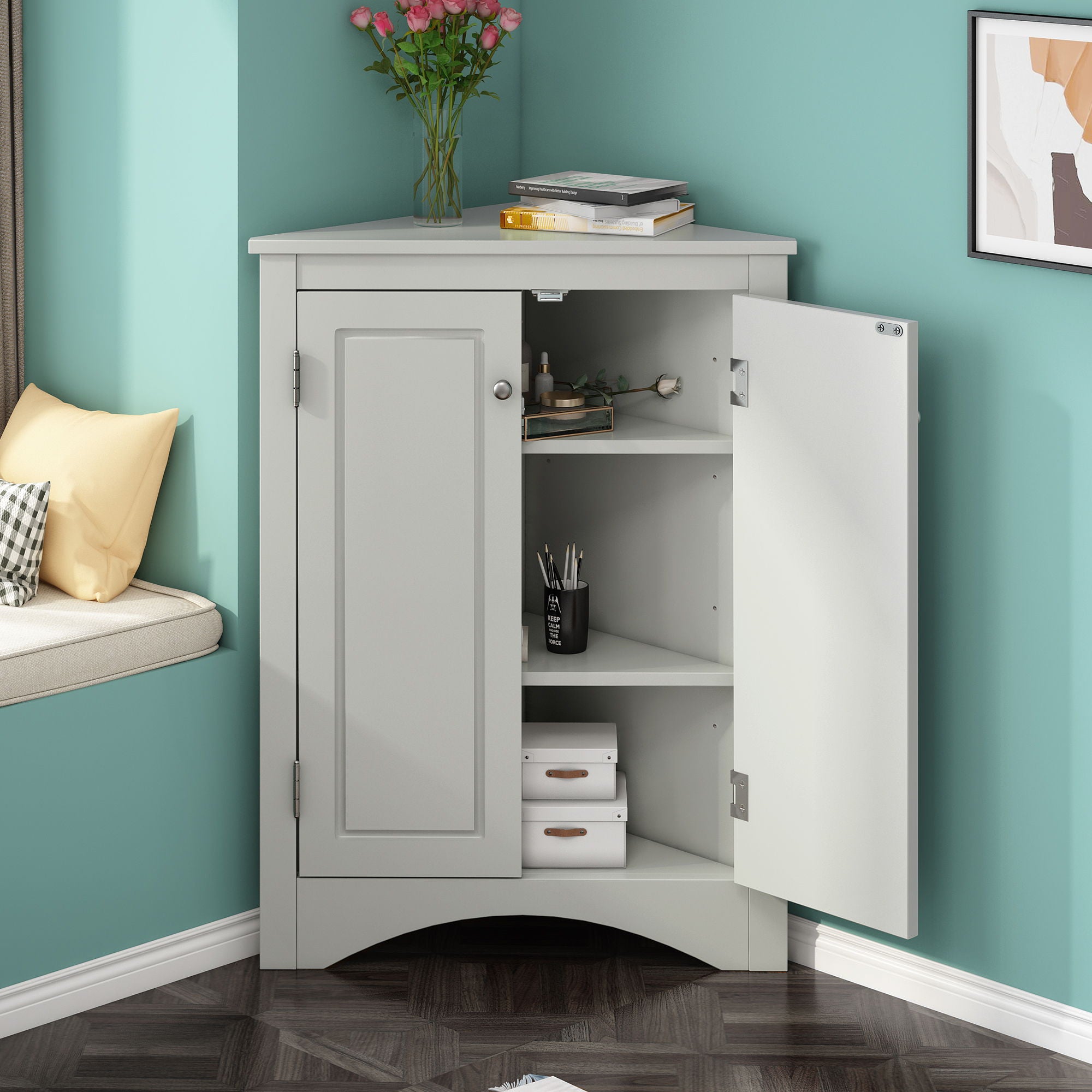 Triangle Bathroom Storage Cabinet With Adjustable Shelves, Freestanding Floor Cabinet For Home Kitchen