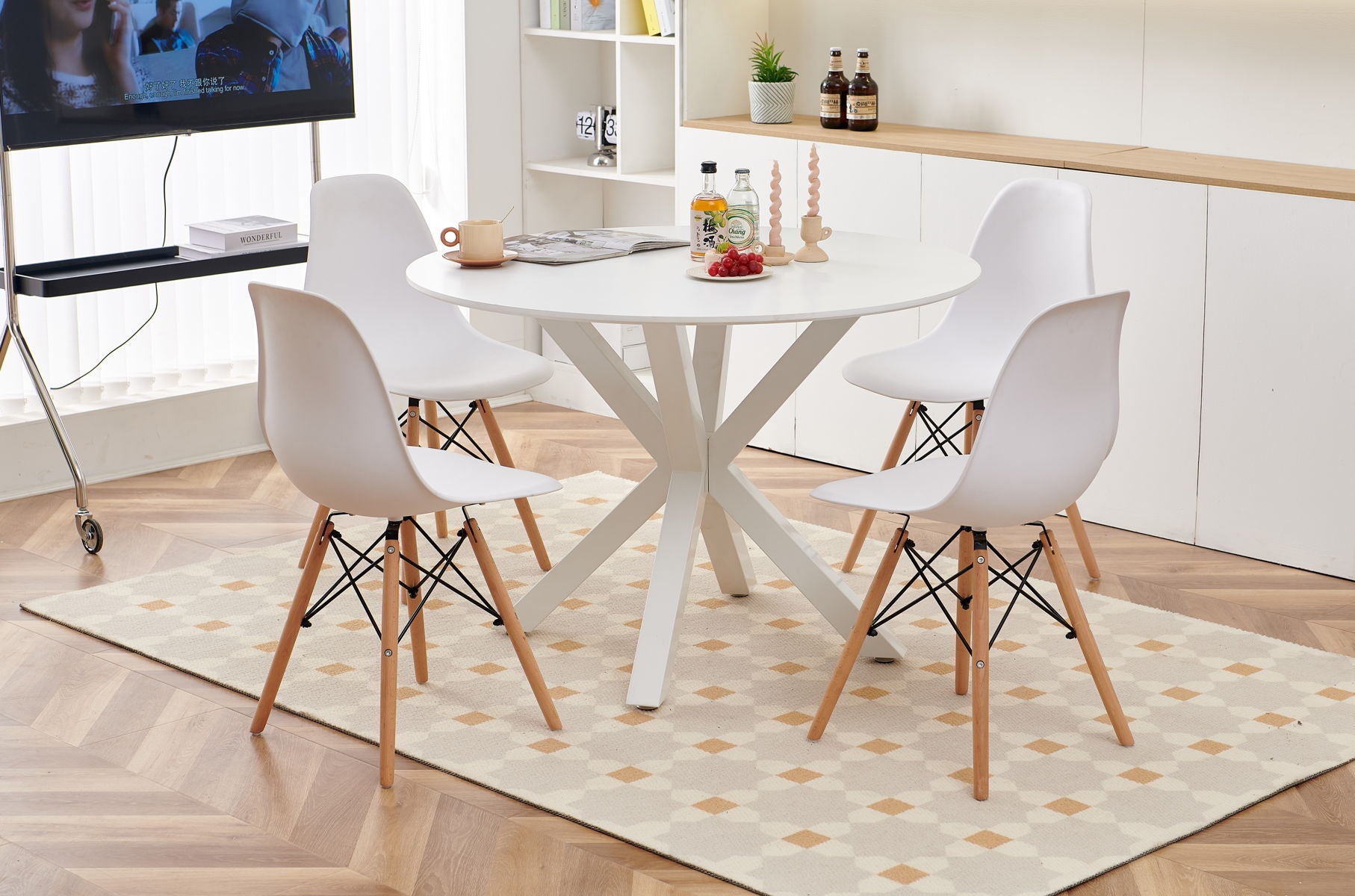 5 Pieces Dining Set, Table Cross Leg Mid-Century Dining Table For 4 - 6 People With Round MDF Table Top, Pedestal Dining Table, End Table Leisure Coffee Table - White