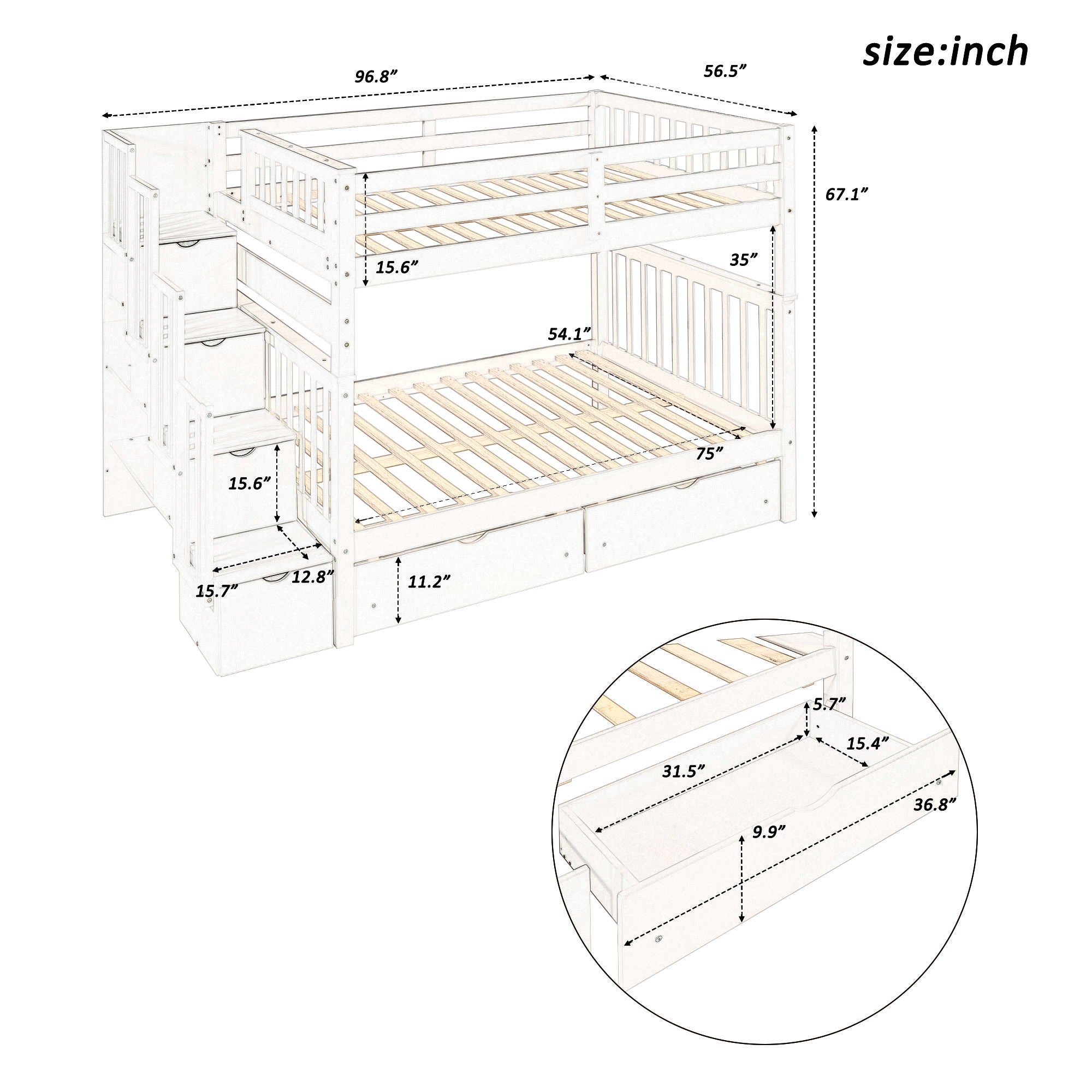 Full Over Full Bunk Bed With Shelves And 6 Storage Drawers - White