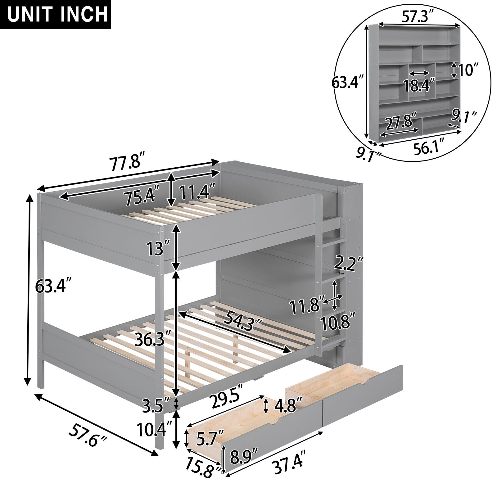 Full Over Full Bunk Bed With 2 Drawers And Multi - Layer Cabinet