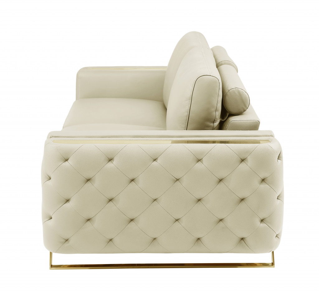 Italian Leather Sofa With Silver Legs - Beige