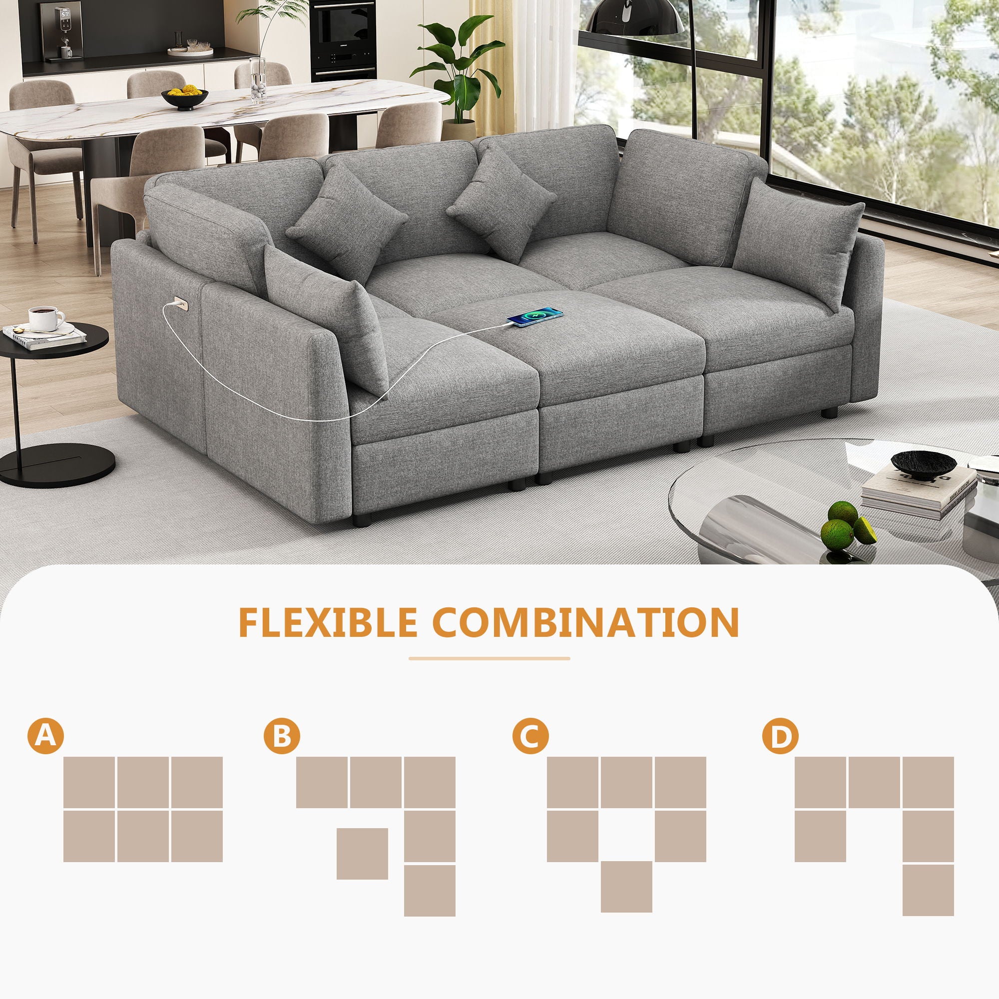 Sectional Sofa Modular Sofa U - Shaped Sofa Couch Sofa Bed L - Shaped Sofa With A Movable Ottoman And Two USB Ports For Living Room