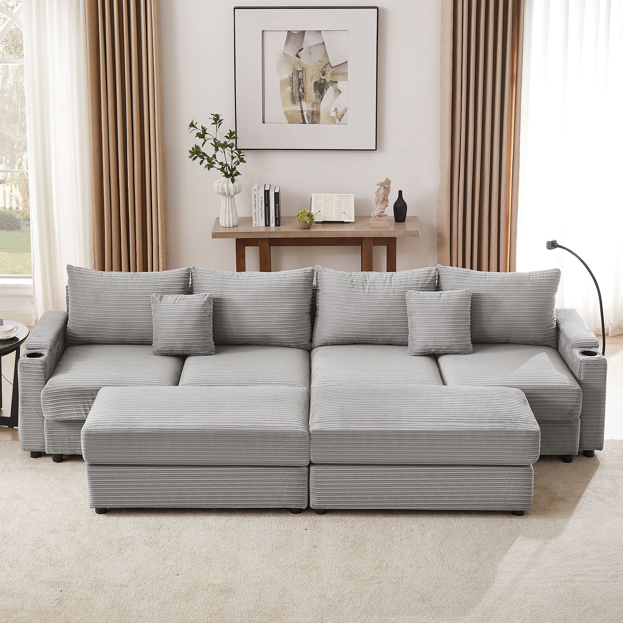 Modern Style Loveseat Sofa Sectional Sofa Couch With Storage Space, A Movable Ottoman, Two USB Ports, Two Cup Holders, A Phone Holder For Living Room