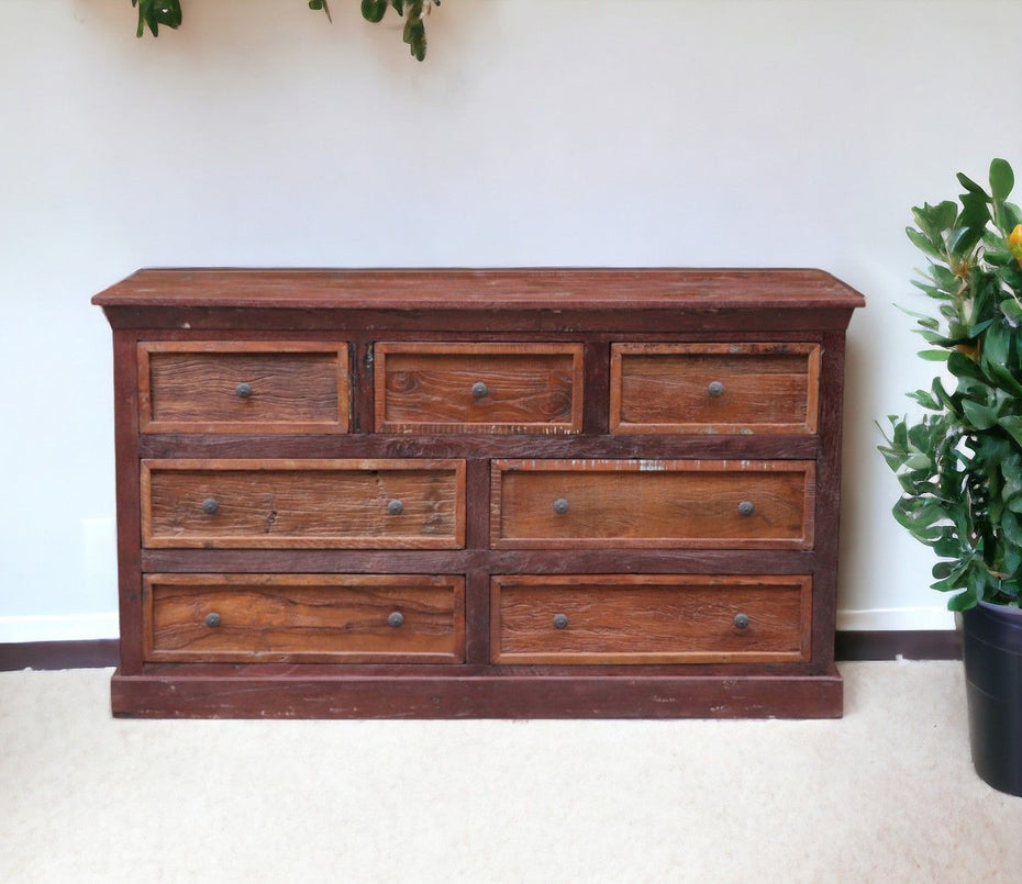 Distressed Solid And Reclaimed Wood Seven Drawer Double Dresser - Brown