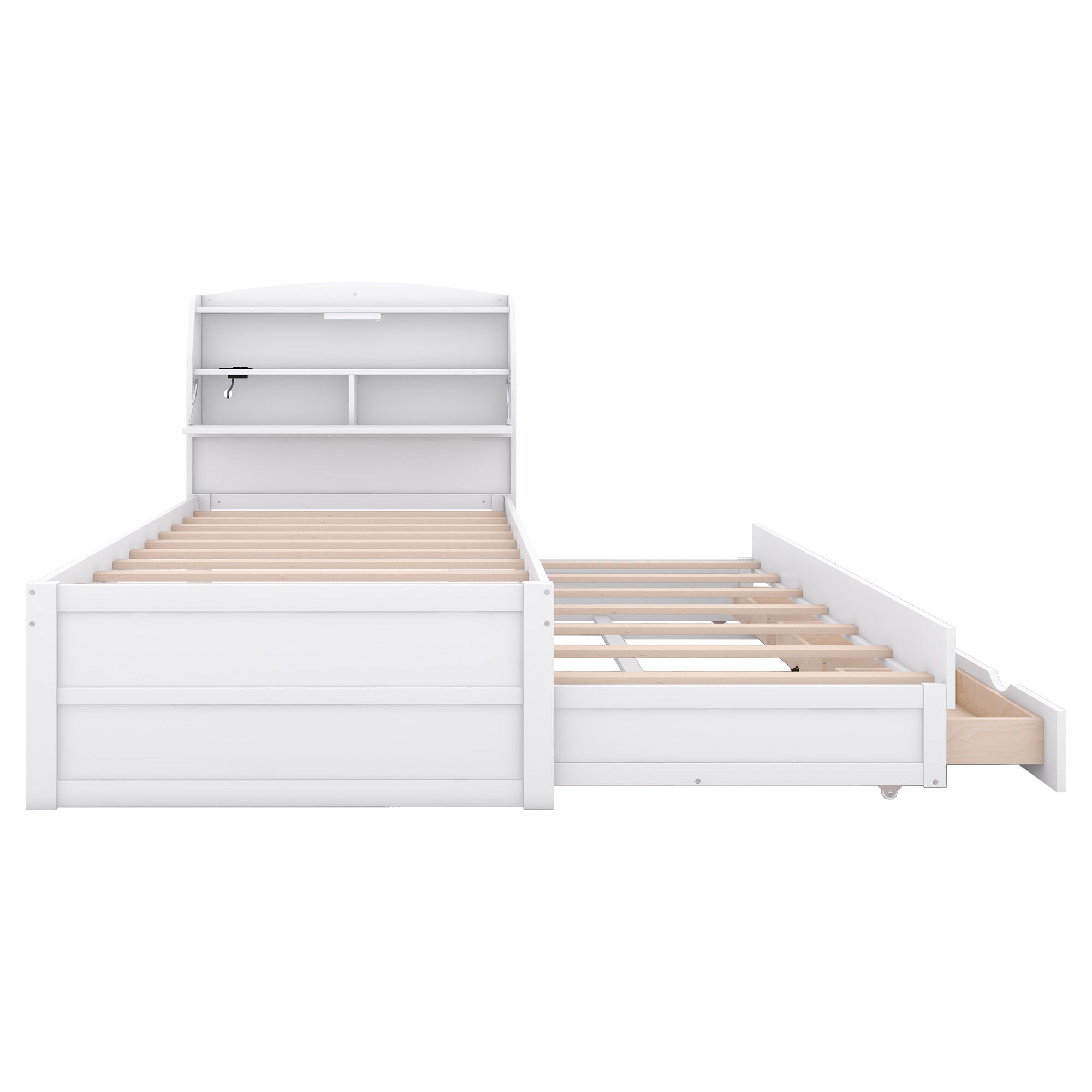 Wooden LED Platform Bed With Trundle, With Storage Headboard, With Drawers