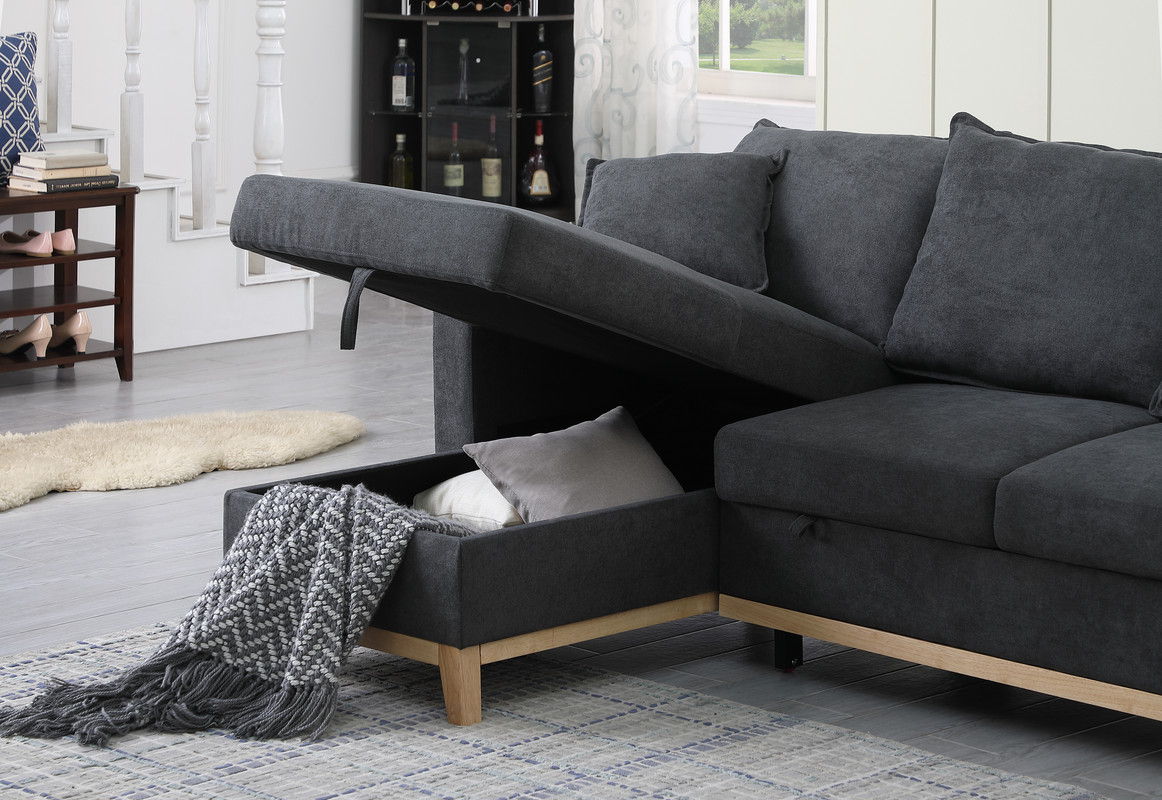 Colton - Woven Reversible Sleeper Sectional Sofa With Storage Chaise - Dark Gray