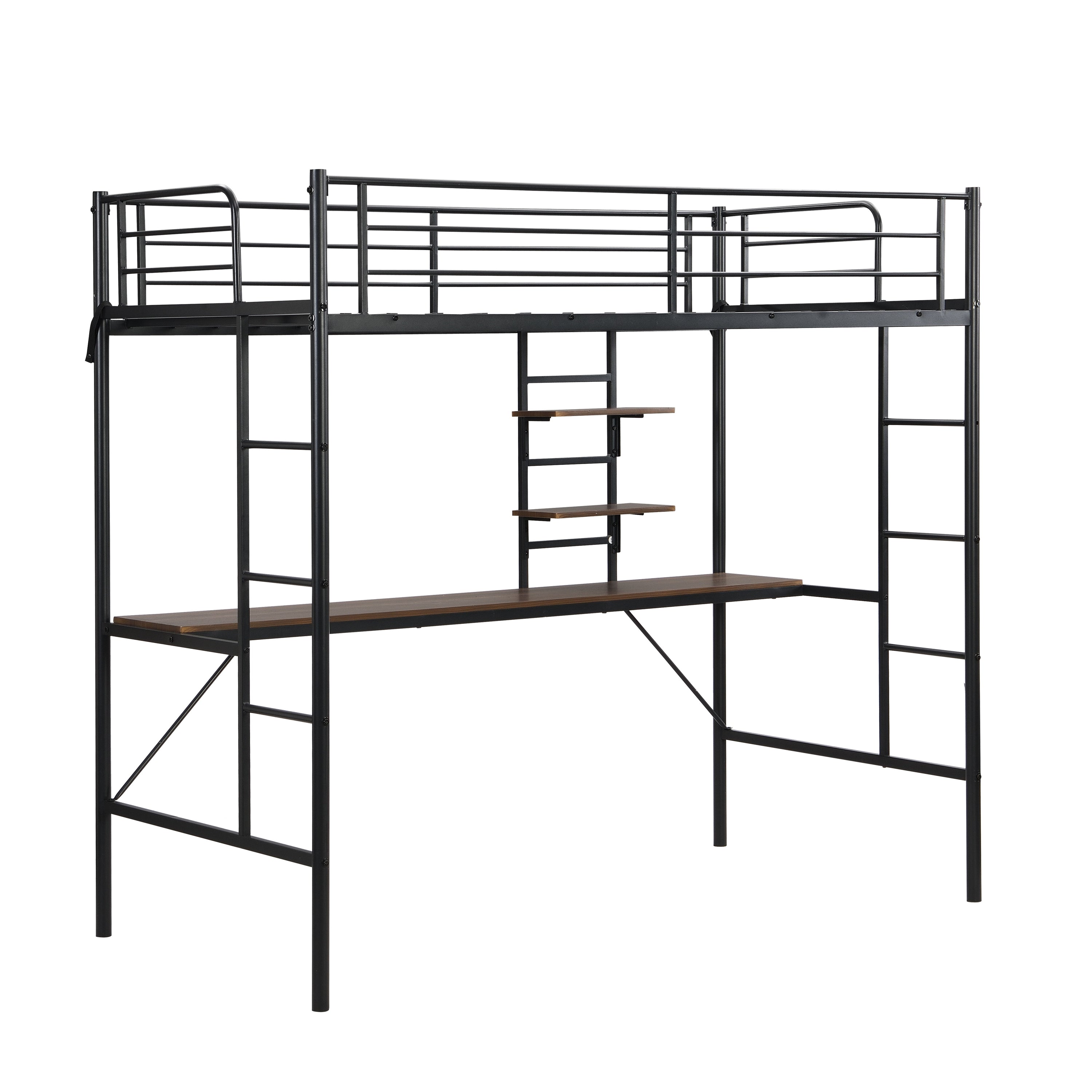 Metal Twin Loft Bed With Desk And Storage Shelves - Black