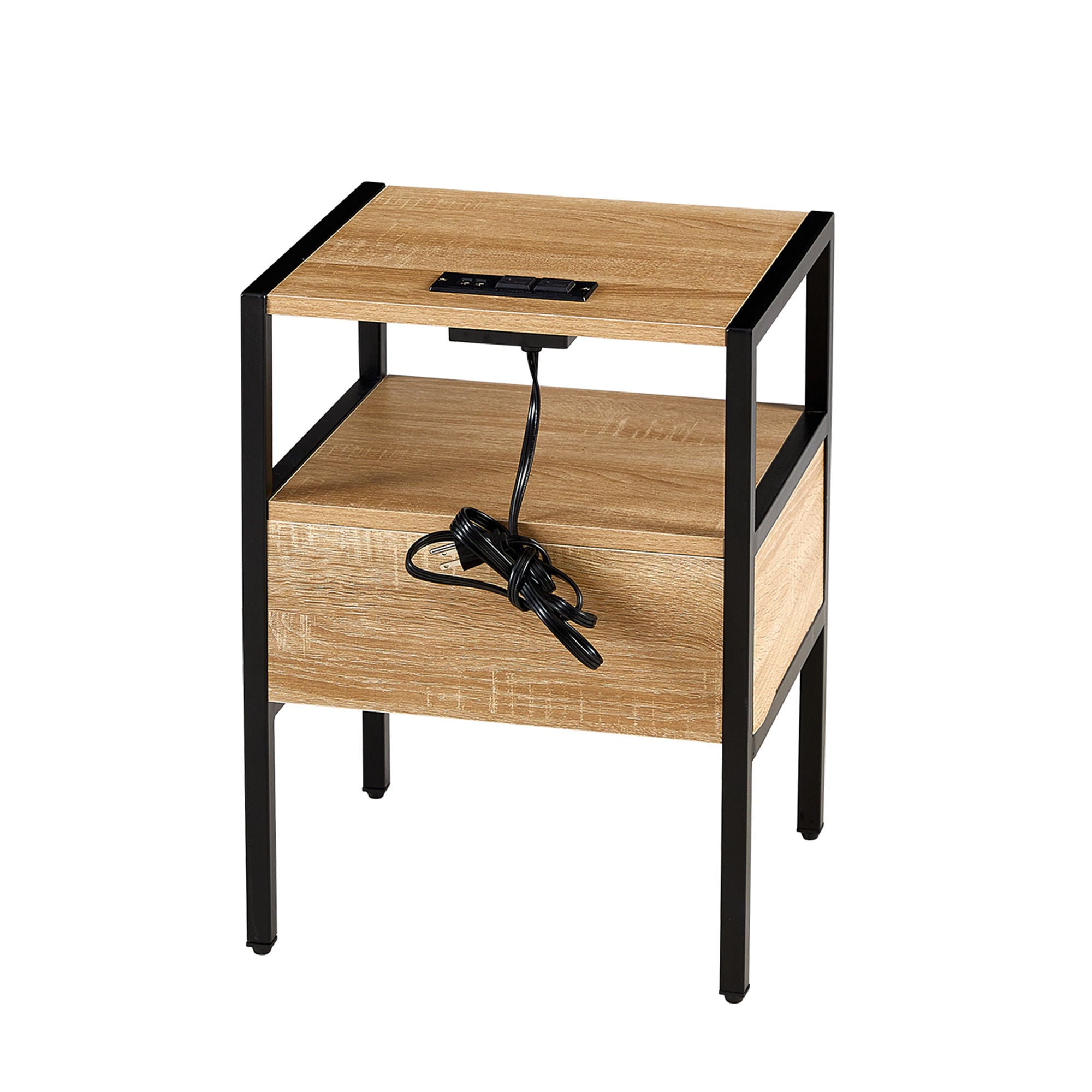 Rattan End Table With Power Outlet & USB Ports, Modern Nightstand With Drawer And Metal Legs, Side Table For Living Room, Bedroom