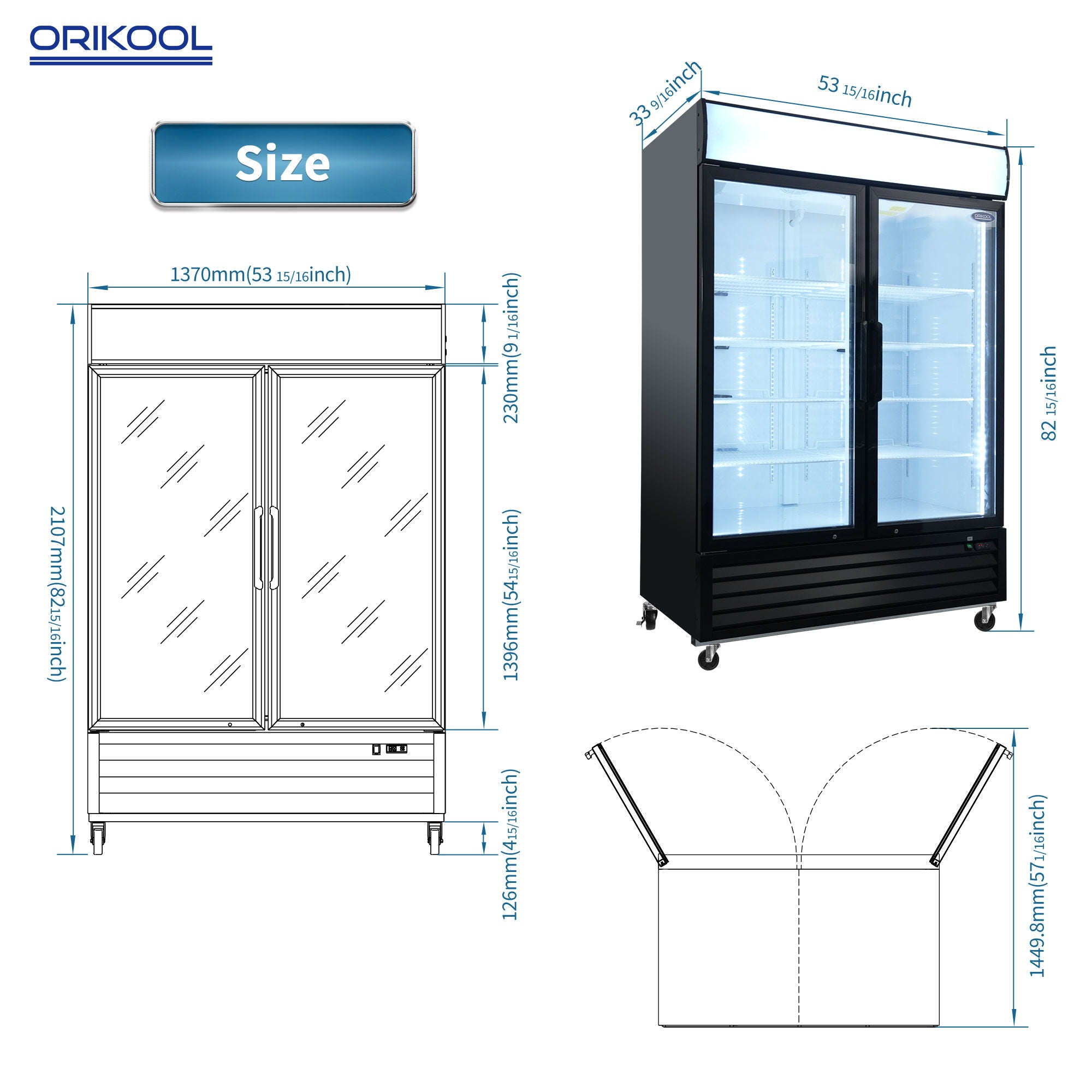 Glass Door Merchandiser Freezer Swing Door Commercial Reach-In Display Freezers With LED Top Panel Upright Freeze Storage