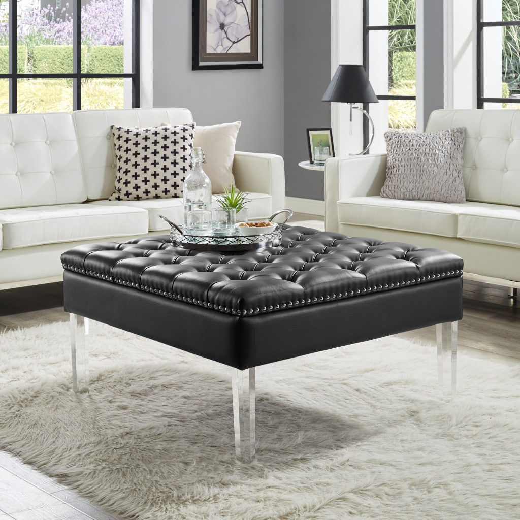 Faux Leather Cocktail Ottoman - Black / Clear