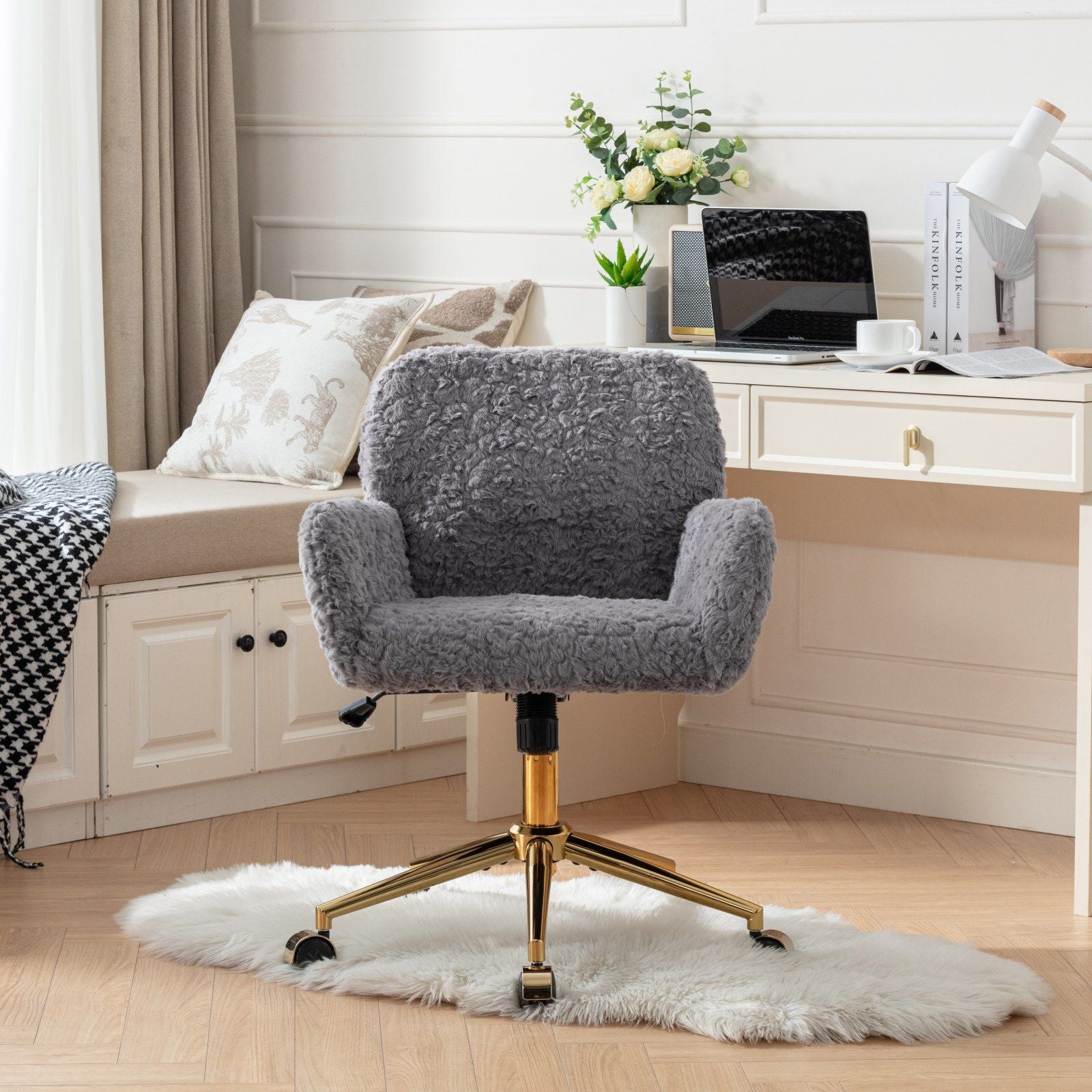 Office Chair, Artificial Rabbit Hair Home Office Chair With Golden Metal Base, Adjustable Desk Chair Swivel Office Chair, Vanity Chair