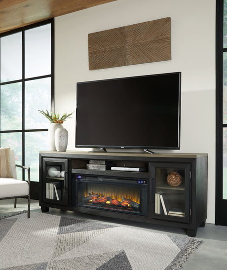 Foyland - Black / Brown - 83" TV Stand With Electric Infrared Fireplace Insert by Signature Design by Ashley® | Bel Furniture