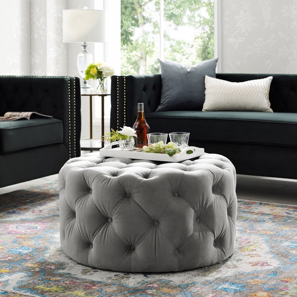 Velvet Rolling Tufted Round Cocktail Ottoman - Gray