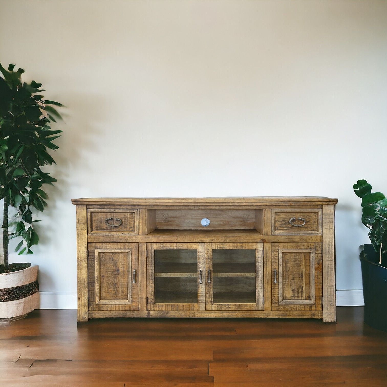 Solid Cabinet, Enclosed Storage Distressed TV Stand - Brown