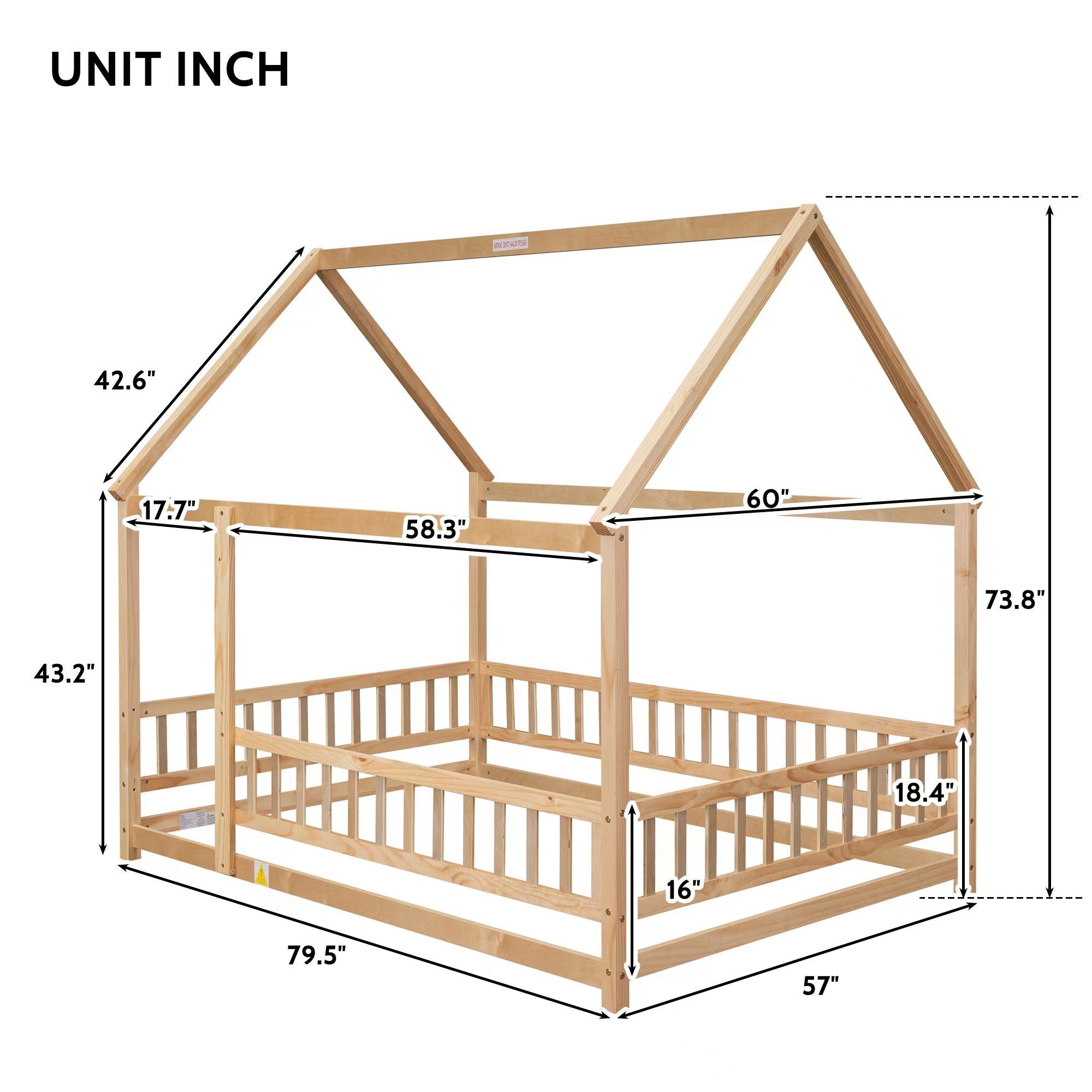 Floor Wooden Bed With House Roof Frame, Fence Guardrails