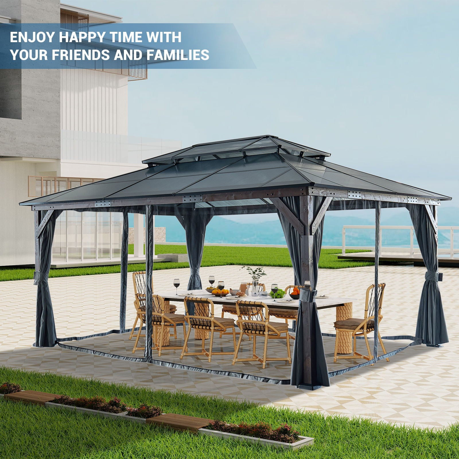 Hardtop Gazebo For Patios, Outdoor Framed Gazebo With Polycarbonate Double Roof Canopy, Solid Framed Gazebo With Privacy Curtains And Mosquito Nettings For Garden, Backyard