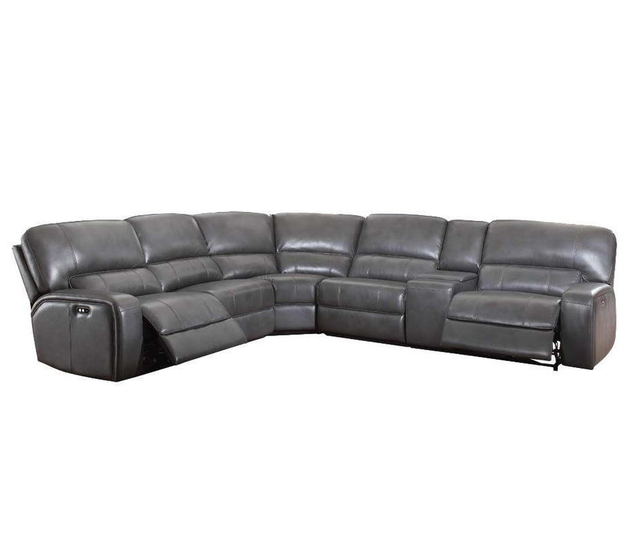 Faux Leather Power Reclining L Shaped Six Piece Corner Sectional With Console - Gray