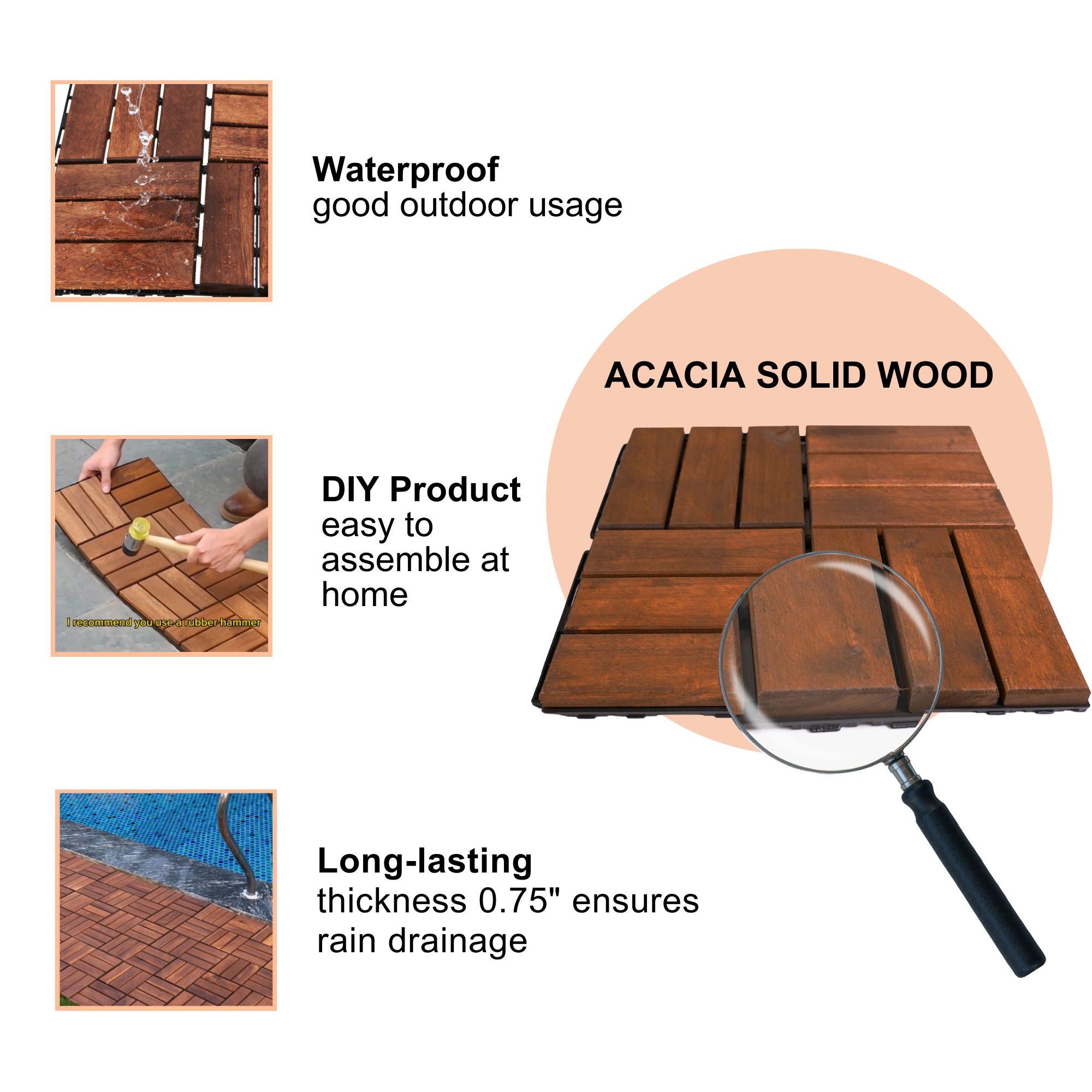 Interlocking Deck Tiles Checker Pattern, Square Acacia Hardwood Outdoor Flooring For Patio, Bancony, Pool Side