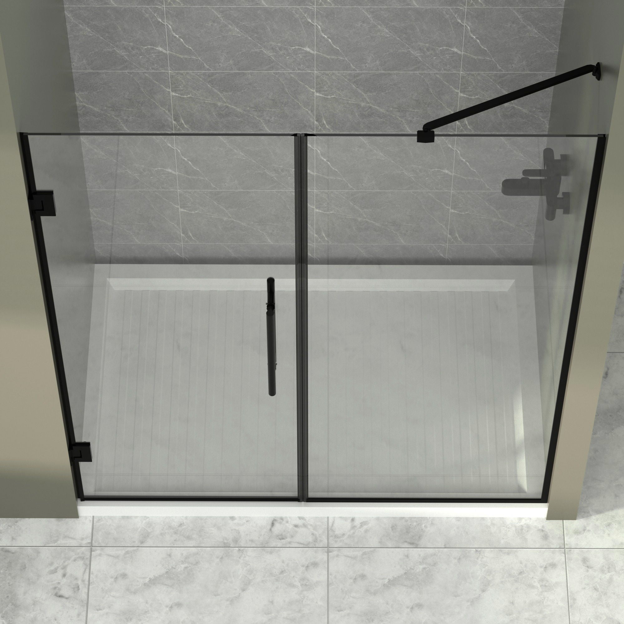 Semi-Frameless Double Hinges Shower Door In Matte , Tempered Glass, Reversible Installation - Black