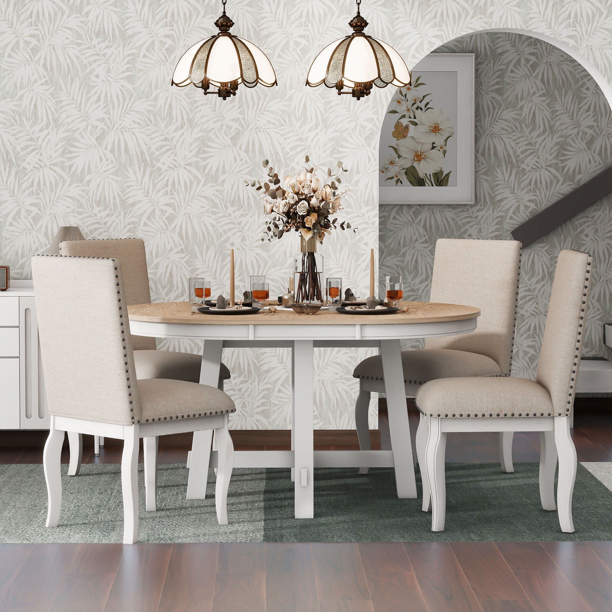 Farmhouse Dining Table Set Wood Round Extendable Dining Table And Upholstered Dining Chairs