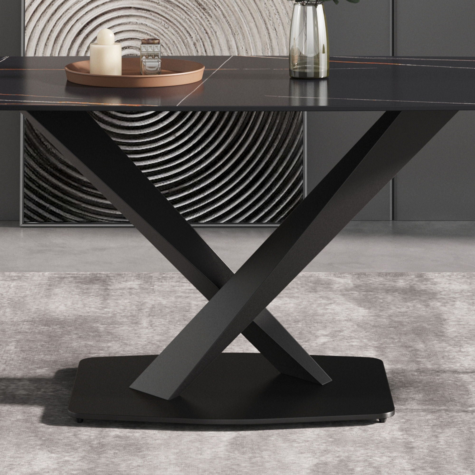 70.87" Modern Artificial Stone Black Curved Black Metal Leg Dining Table, Can Accommodate 6-8 People - Black