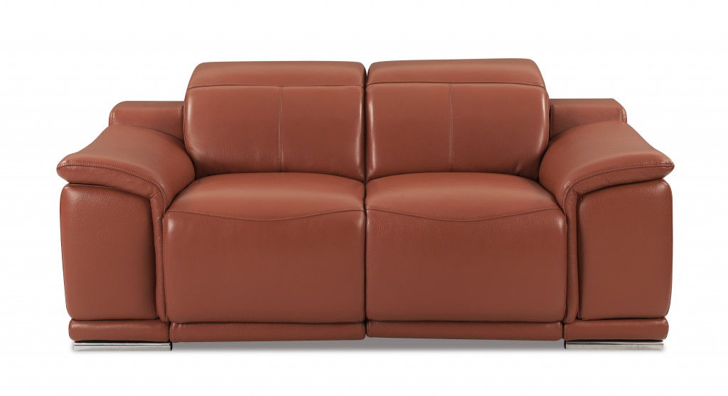 Italian Leather Power Reclining Love Seat - Camel / Silver