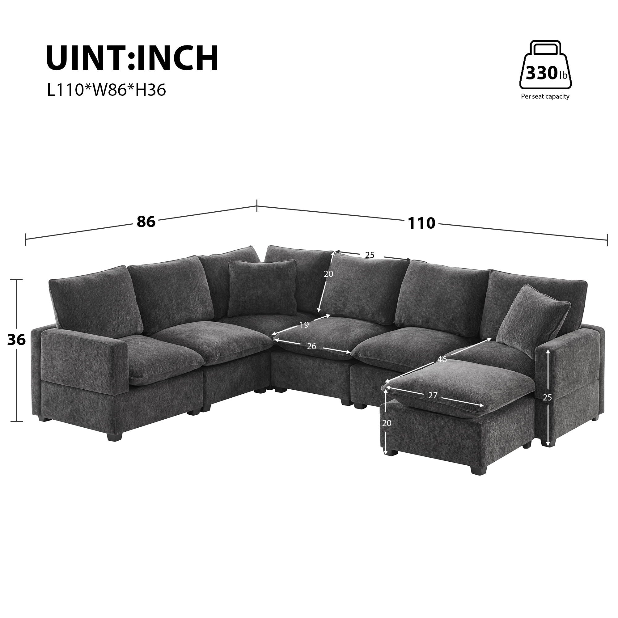 Modern U-Shape Modular Sofa, 7 Seat Chenille Sectional Couch Set With 2 Pillows Included, Freely Combinable Indoor Funiture For Living Room, Apartment, Office