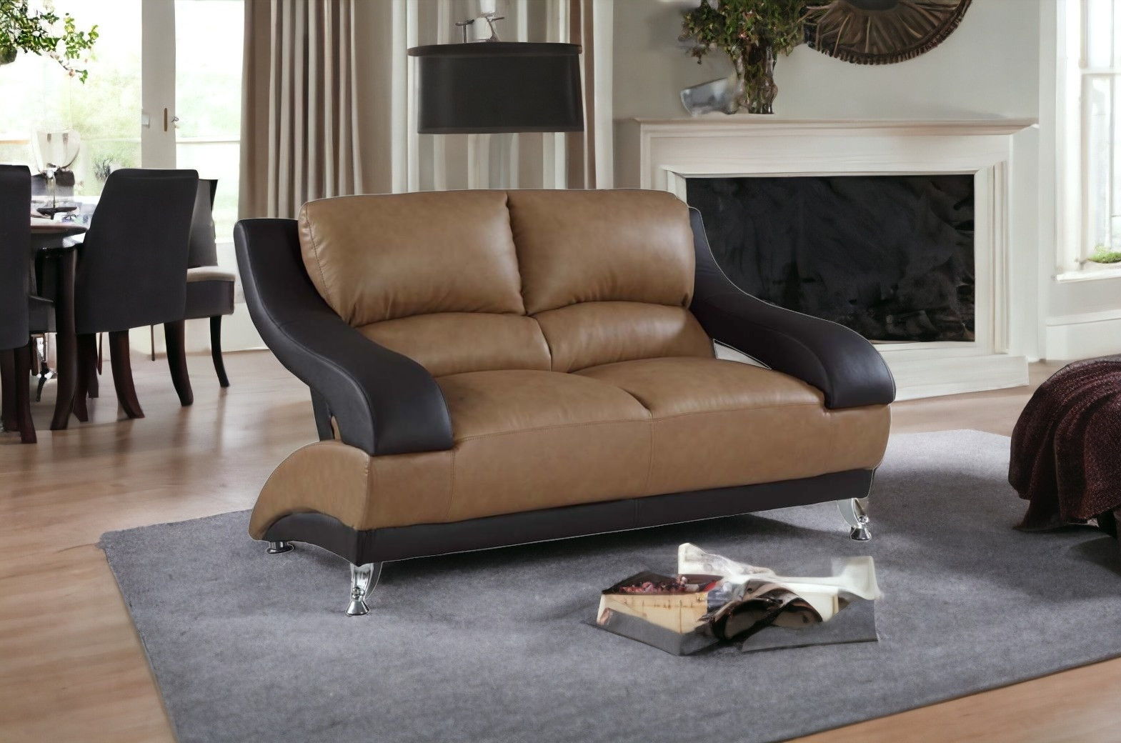 Faux Leather Love Seat - Brown / Silver