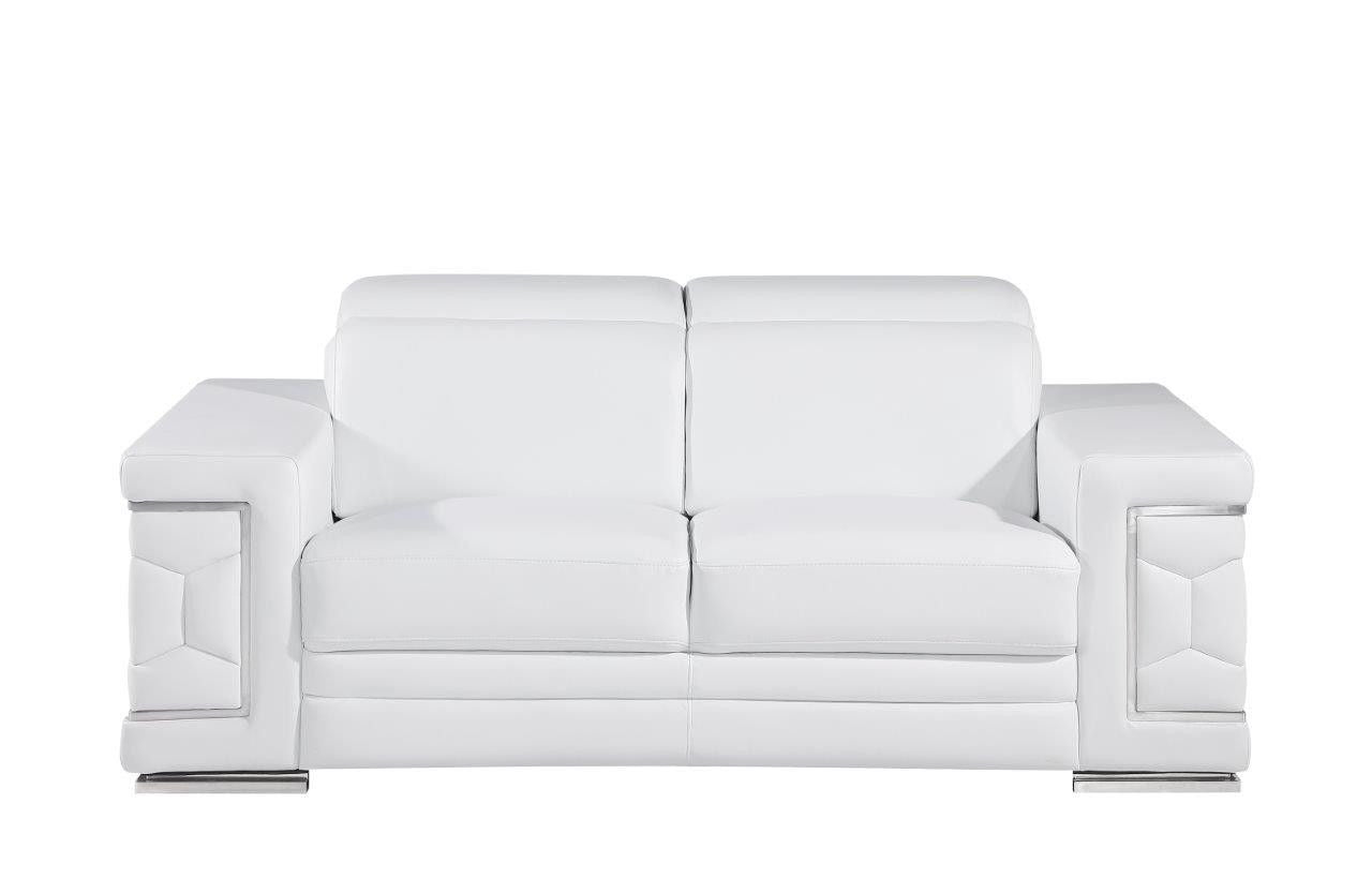 Genuine Leather Love Seat - White / Silver