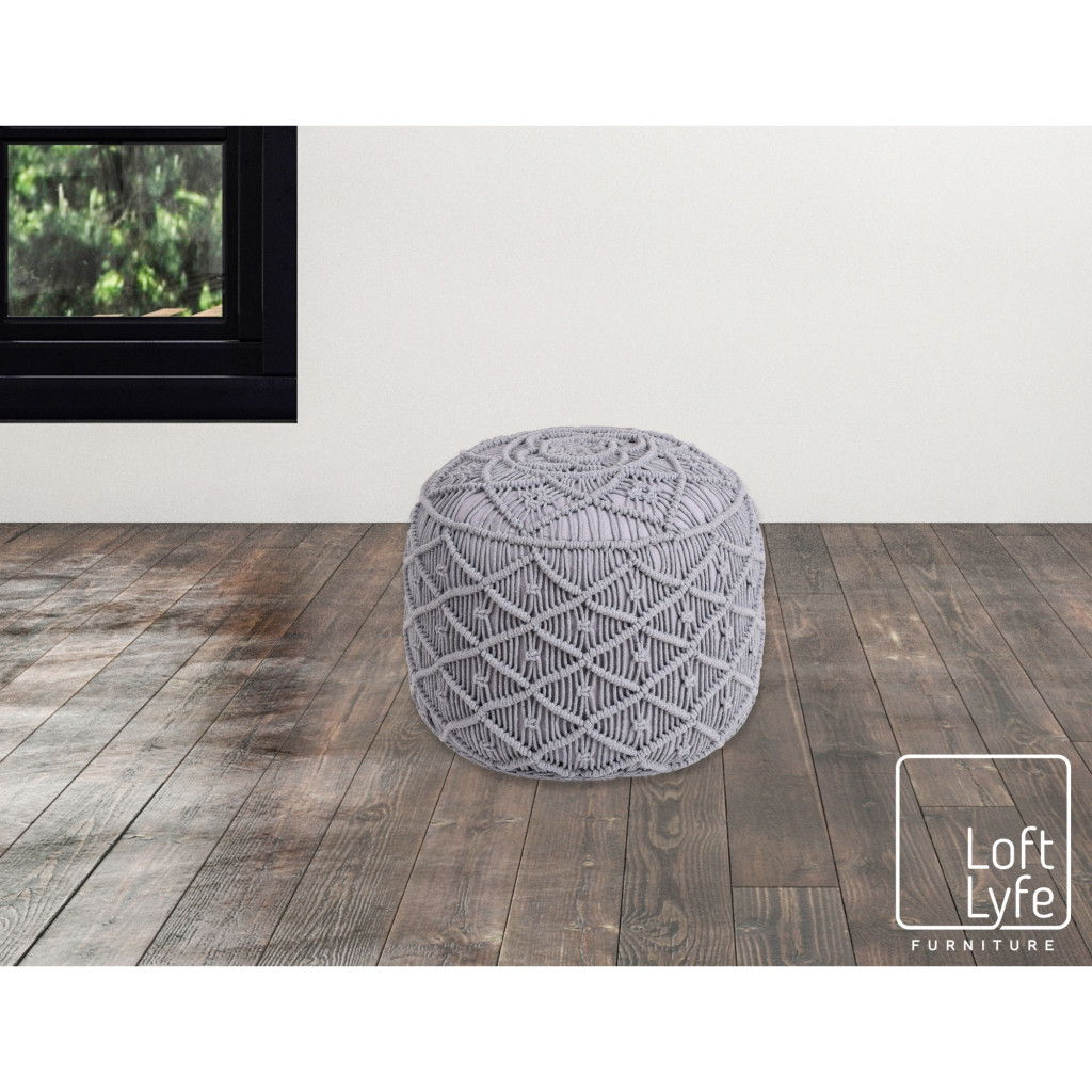 Cotton Blend Round Floral Pouf Ottoman - Light Gray