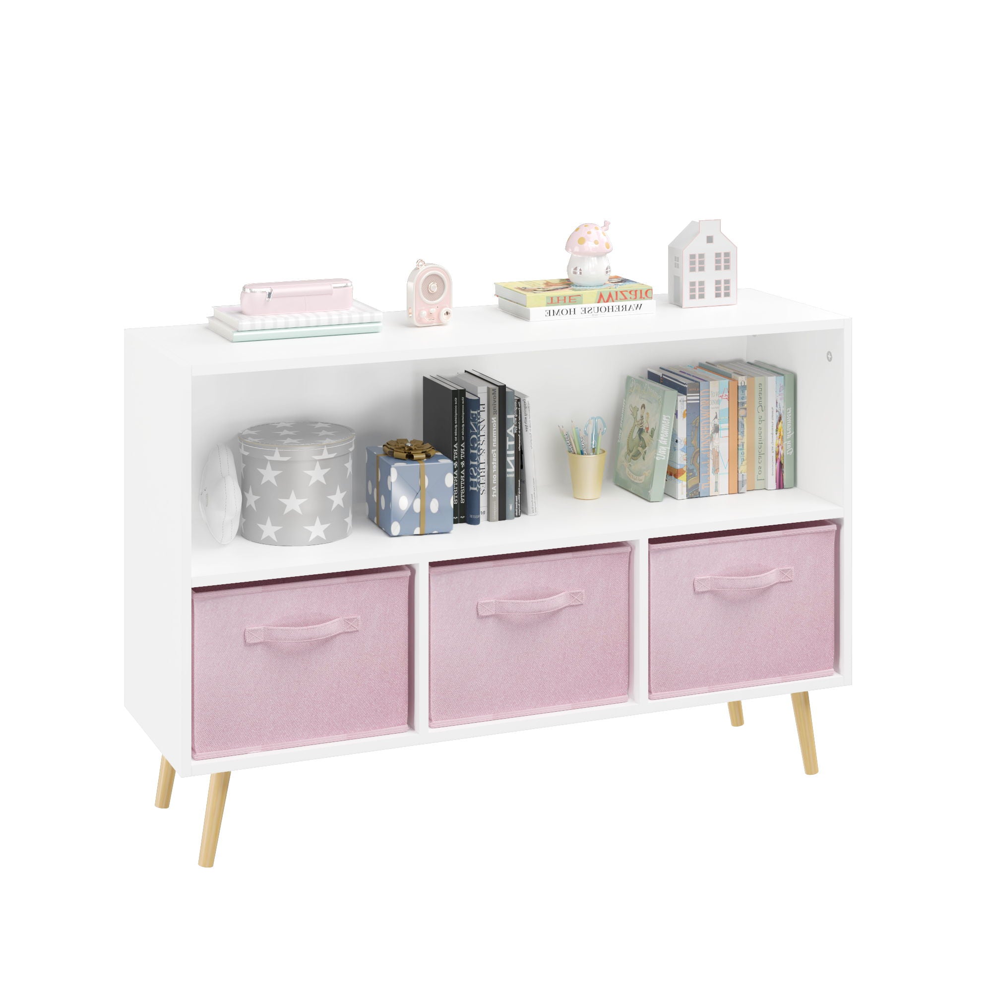 Kids Bookcase With Collapsible Fabric Drawers, Children's Book Display, Toy Storage Cabinet Organizer - White / Pink