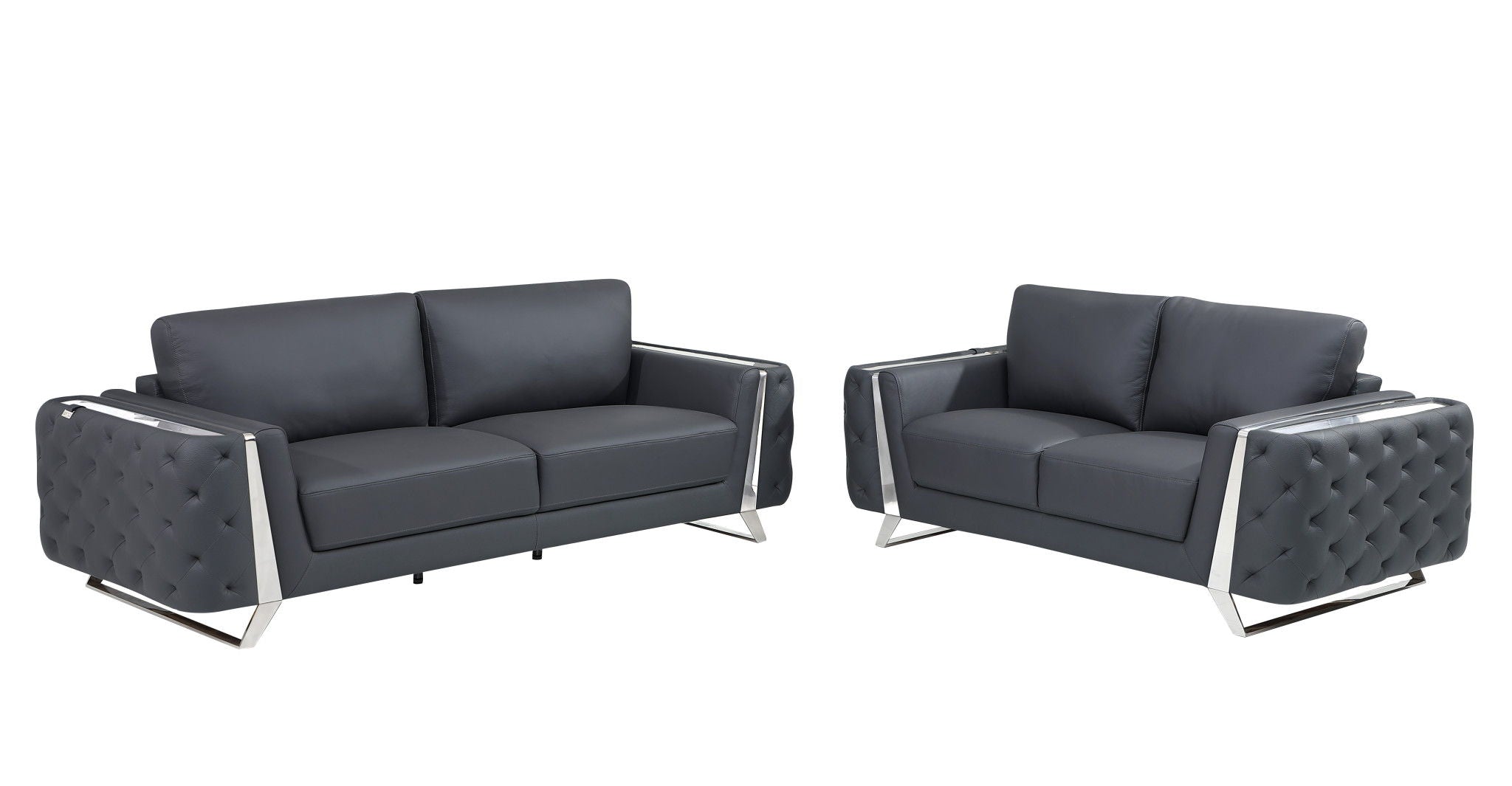 2 Piece Italian Leather Indoor Seating Set Five Person - Dark Gray