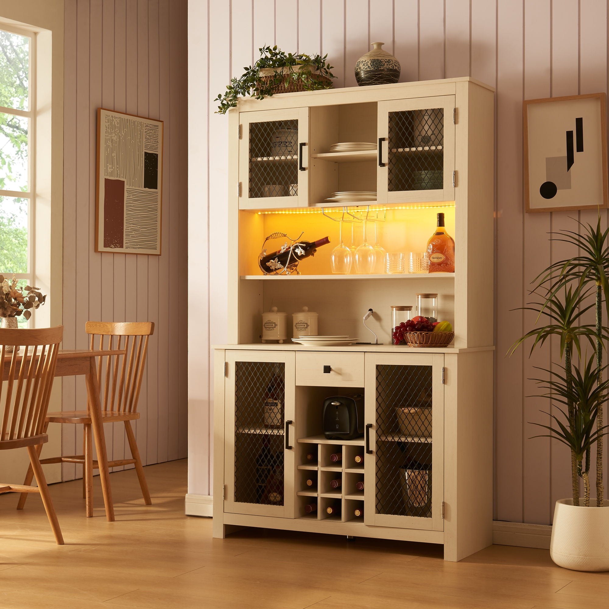 Kitchen Pantry Storage Cabinet Rustic Buffet Cabinet, Kitchen Hutch Cabinet With LED Outlets Food Pantry Cabinet With Doors And Shelves Wine Rack For Dining Room - Antique White