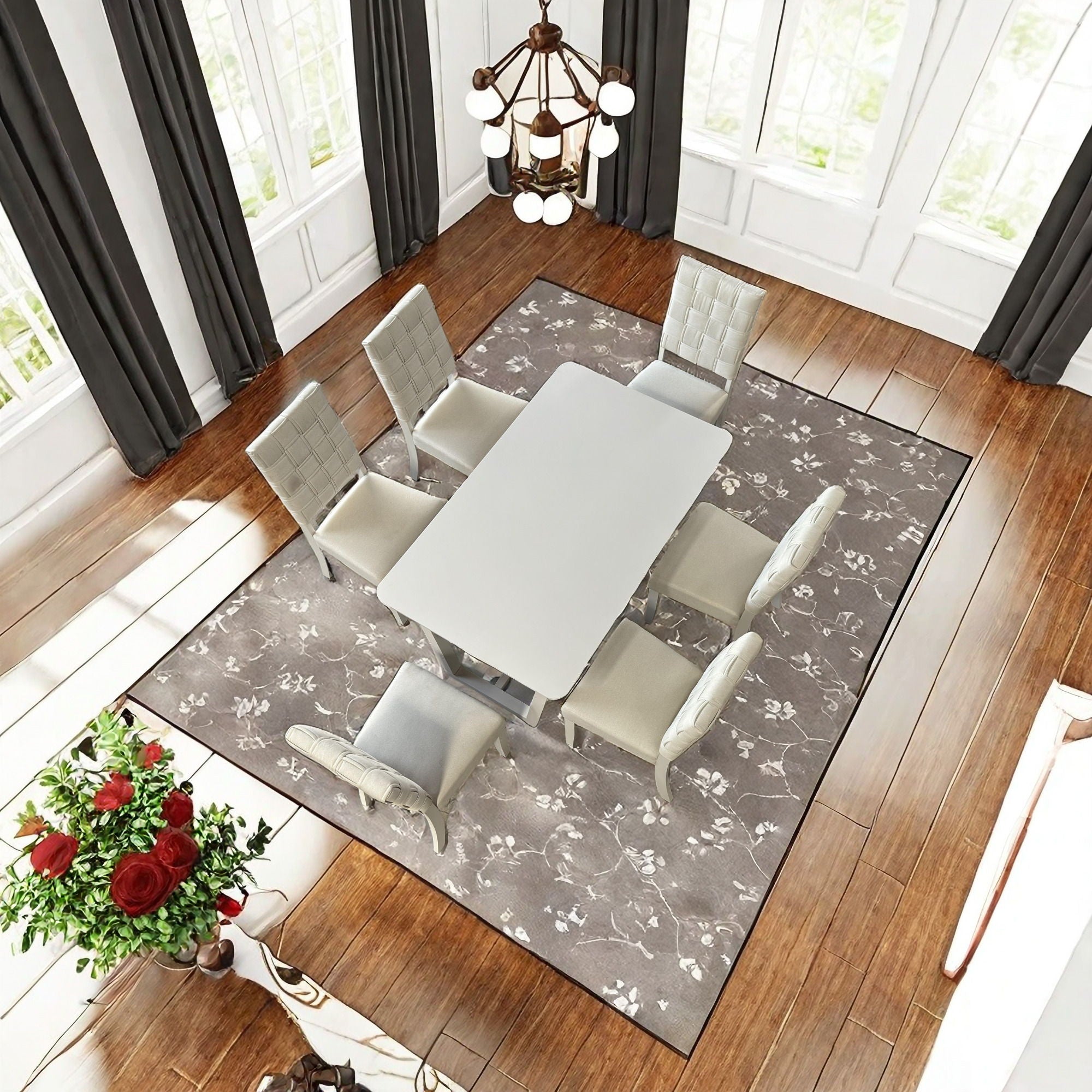 7 Pieces Dining Set Include 6 Chairs linen & Rubber Wood Legs And 1 Table - Light Beige