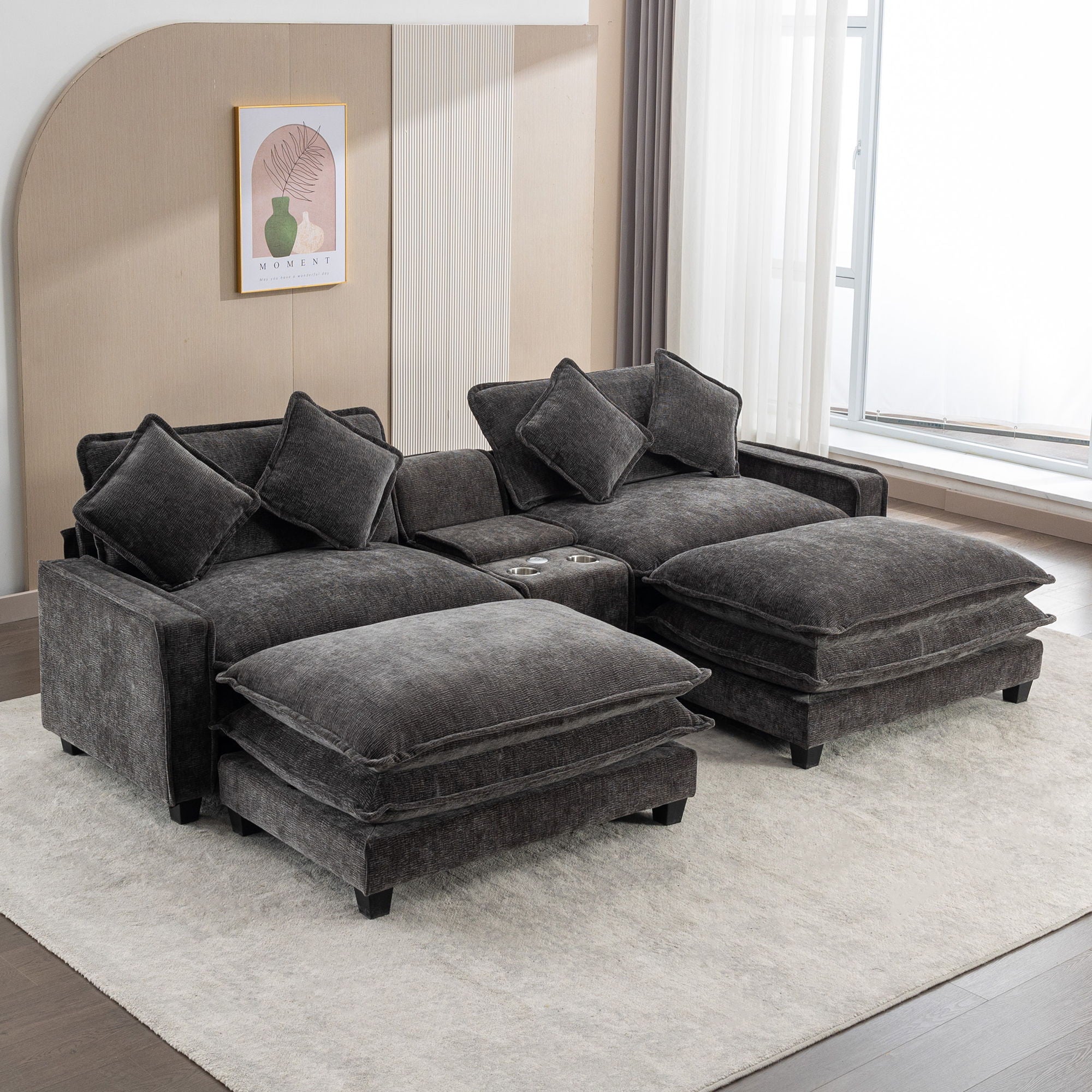 Sectional Sofa Chenille Upholstered Sofa With Two Removable Ottoman, Two USB Ports, Two Cup Holders And Large Storage Box For Living Room