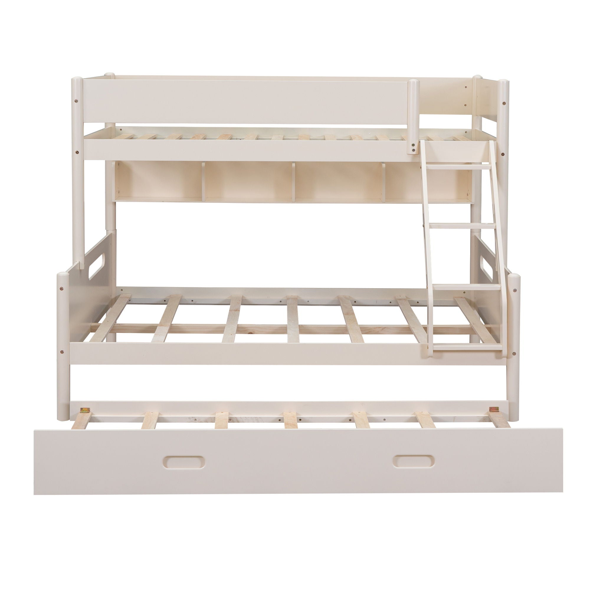 Wood Twin Over Full Bunk Bed With Storage Shelves And Twin Size Trundle - Cream