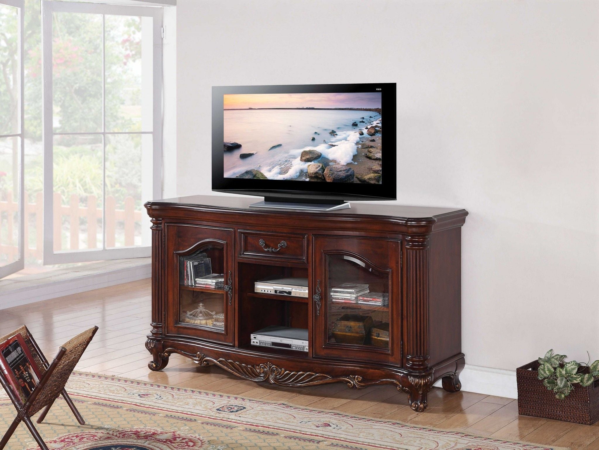 Cabinet Enclosed Storage TV Stand With Bookcase - Brown