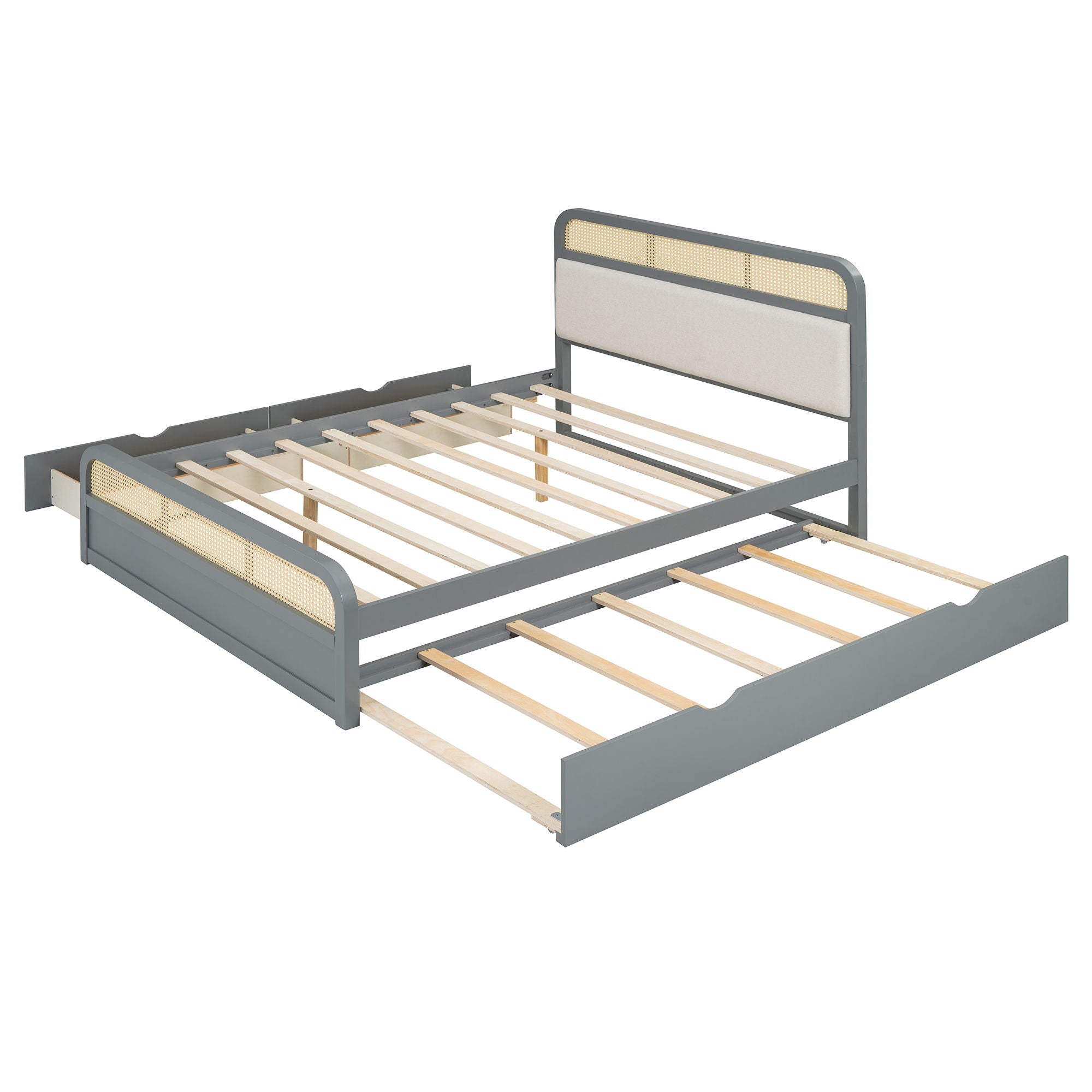 Wooden Platform Bed With Trundle And 2 Drawers