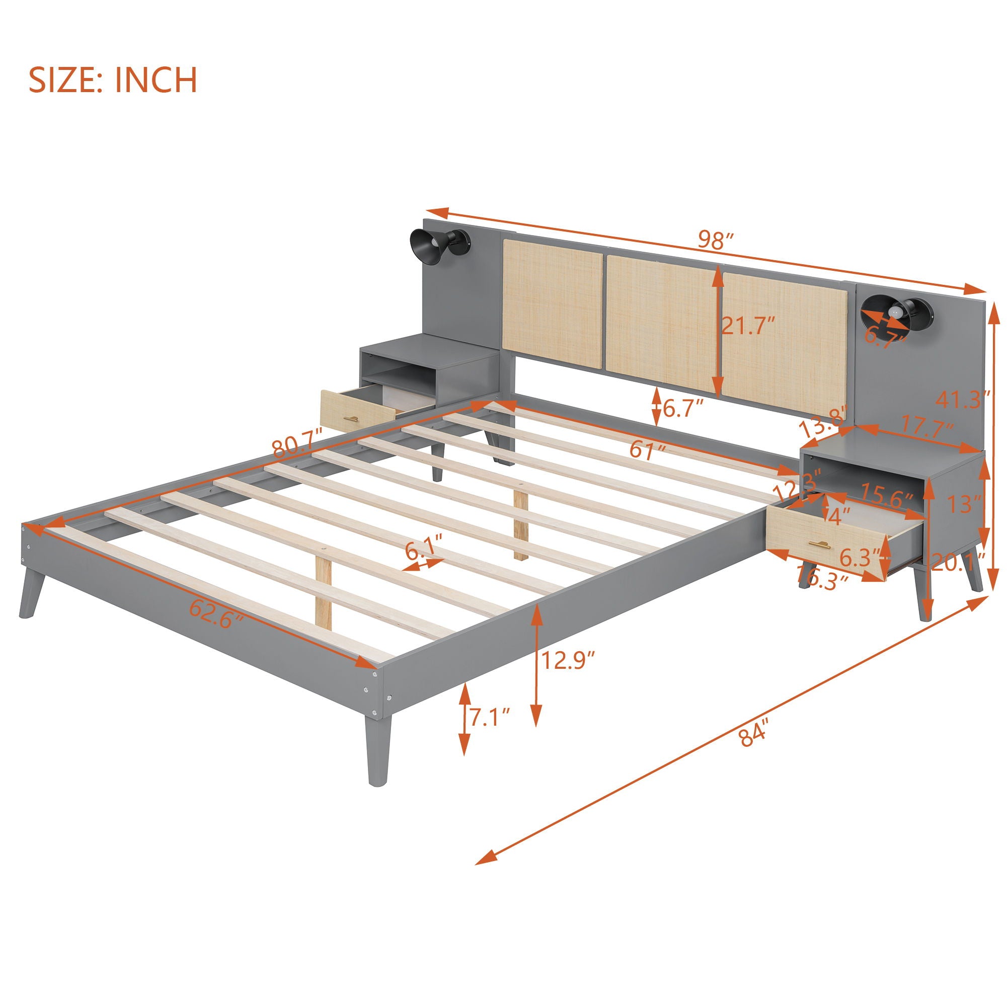 Solid Wood Bed Frame With 2 Nightstands, Elegant Design With Lamps, Rattan And Wood Combination