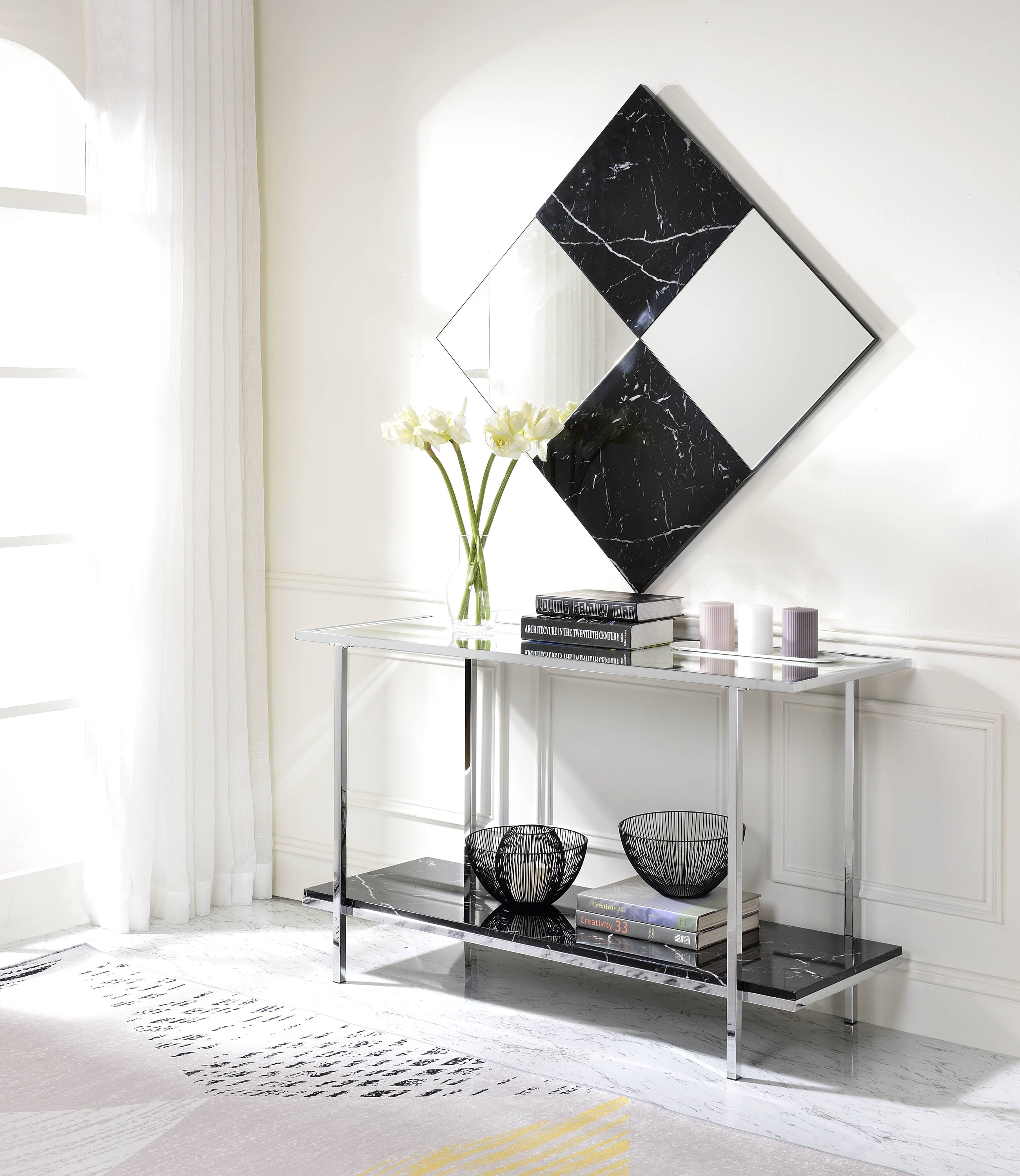 Angwin - Mirrored Faux Marble Console Table - Multi