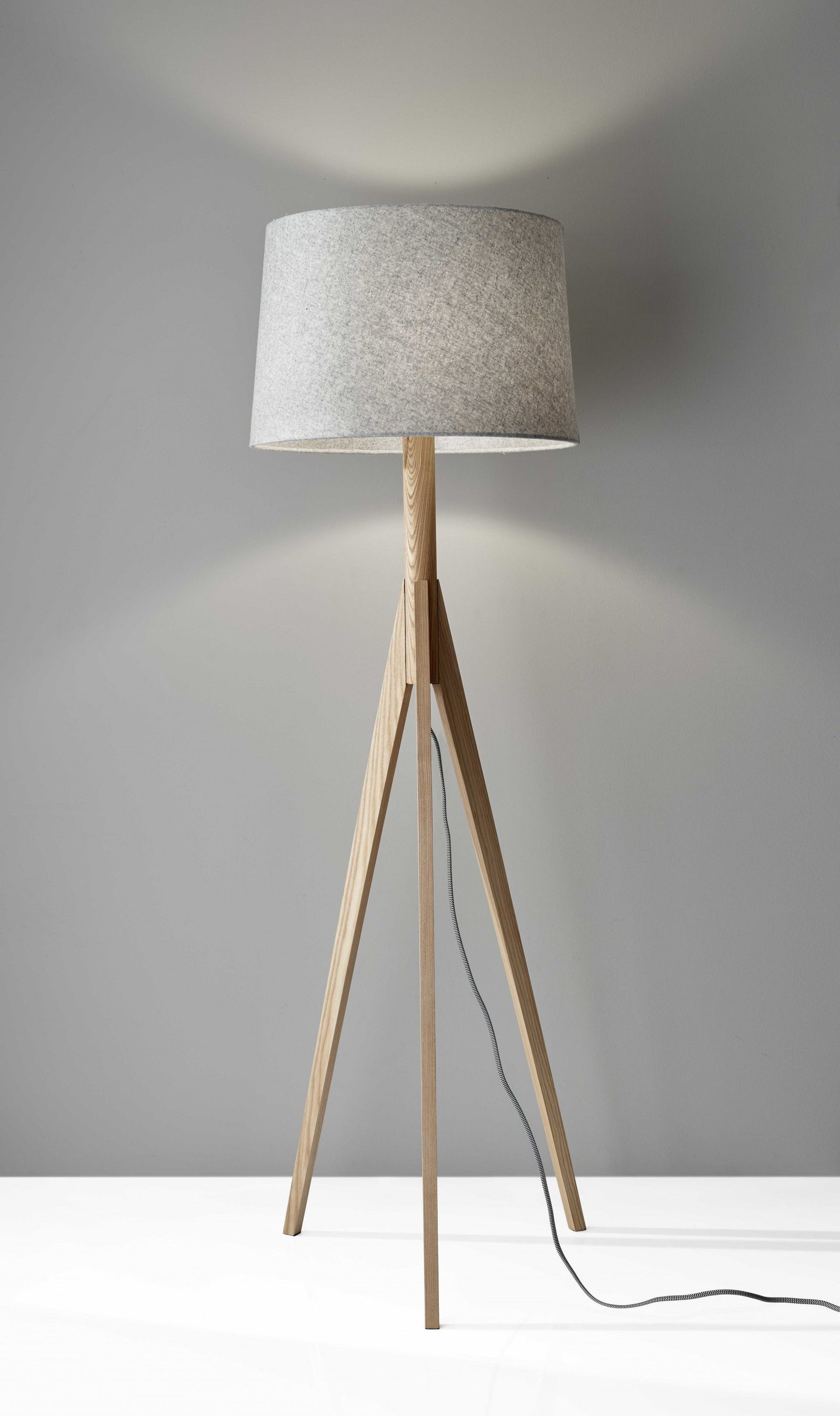 Solid Wood Tripod Floor Lamp With Gray Fabric Empire Shade - Natural