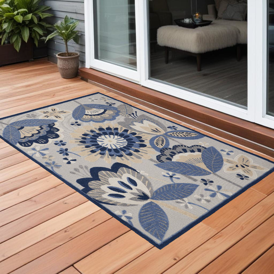 3' X 4' Floral Non Skid Indoor / Outdoor Area Rug - Blue / Gray