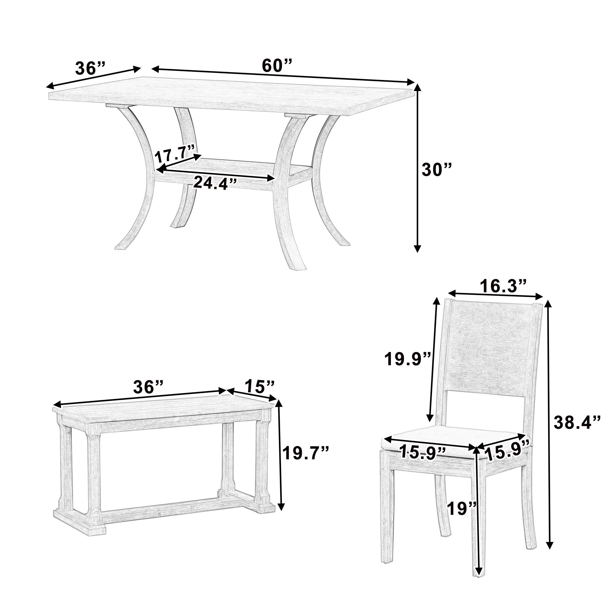 Topmax - 6 Piece Wood Dining Table Set With Storage Shelf And Curved Legs, Kitchen Table Set With Bench And 4 Removable Cushions Dining Chairs, Modern Style