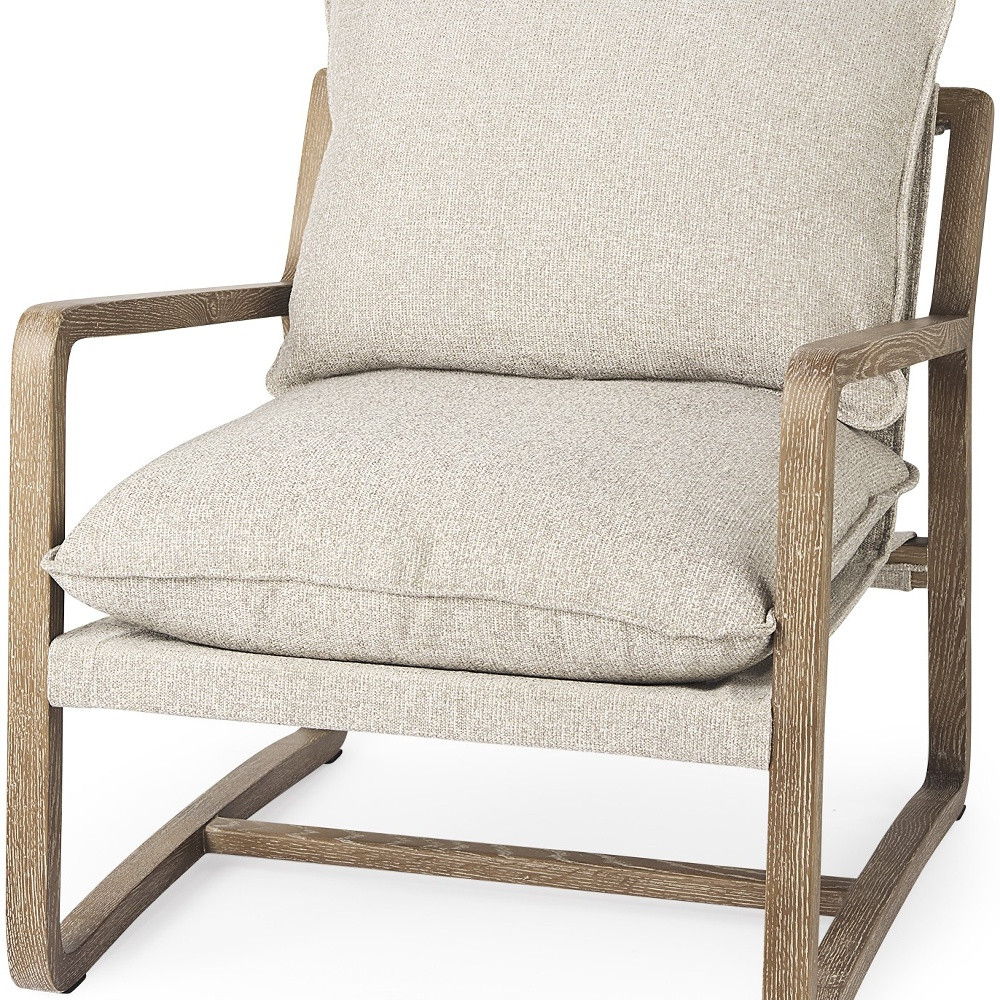 Wood Brown Fabric Lounge Chair - Beige